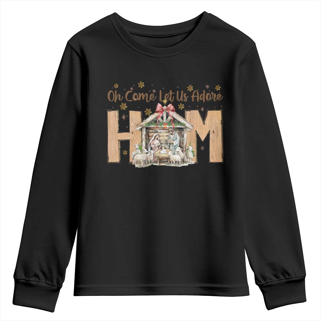 Oh Come Let Us Adore Him Youth Sweatshirt Christian Christmas Nativity Scene - Wonder Print Shop