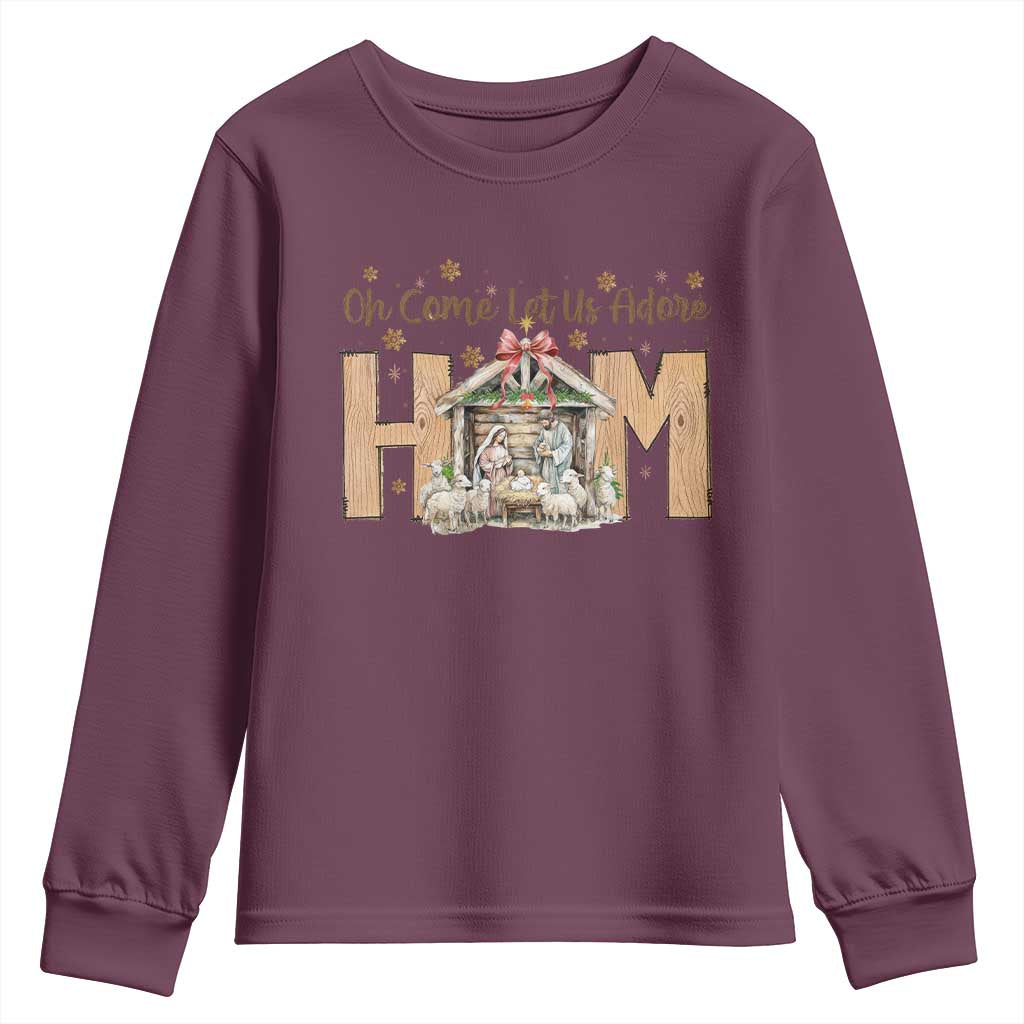 Oh Come Let Us Adore Him Youth Sweatshirt Christian Christmas Nativity Scene - Wonder Print Shop