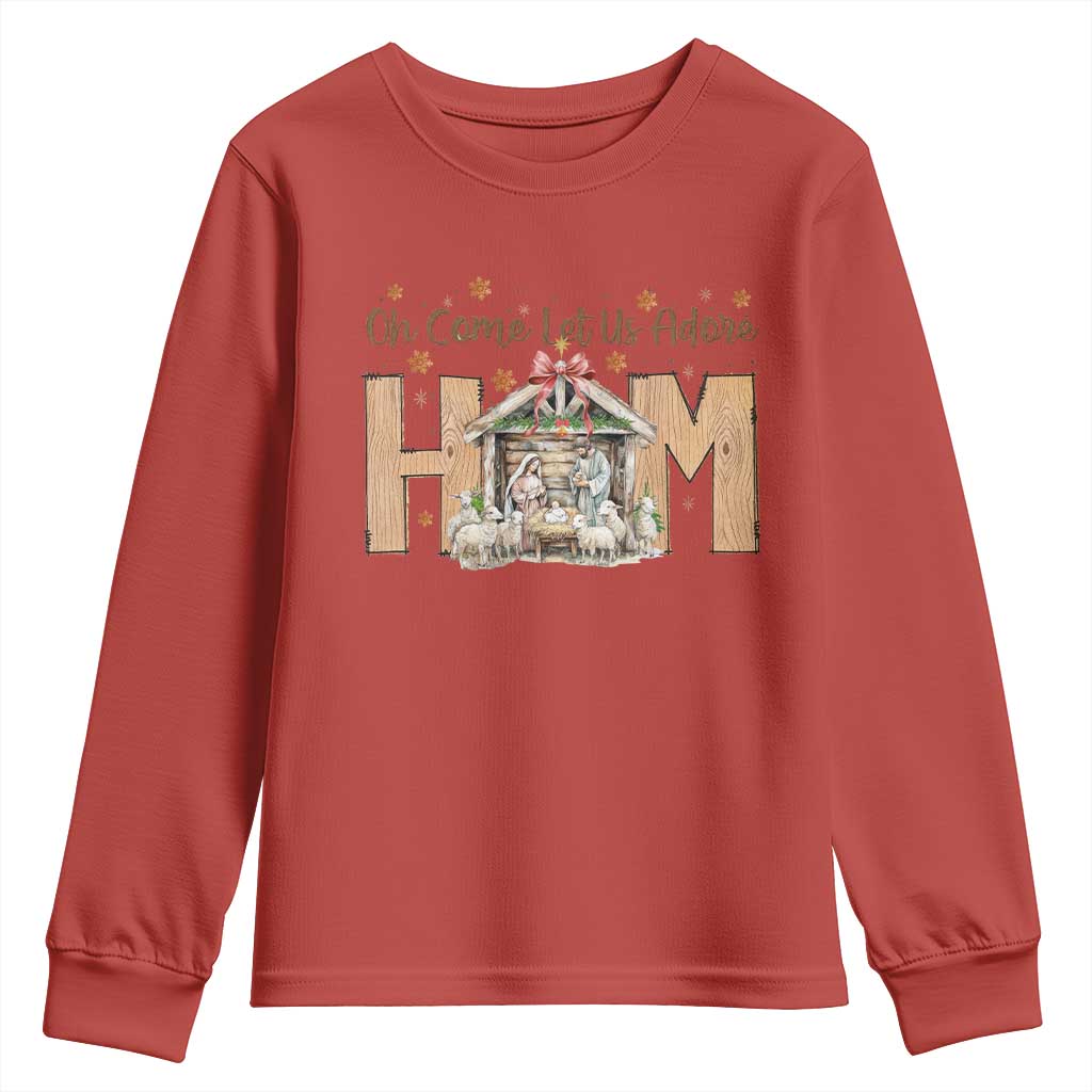 Oh Come Let Us Adore Him Youth Sweatshirt Christian Christmas Nativity Scene - Wonder Print Shop