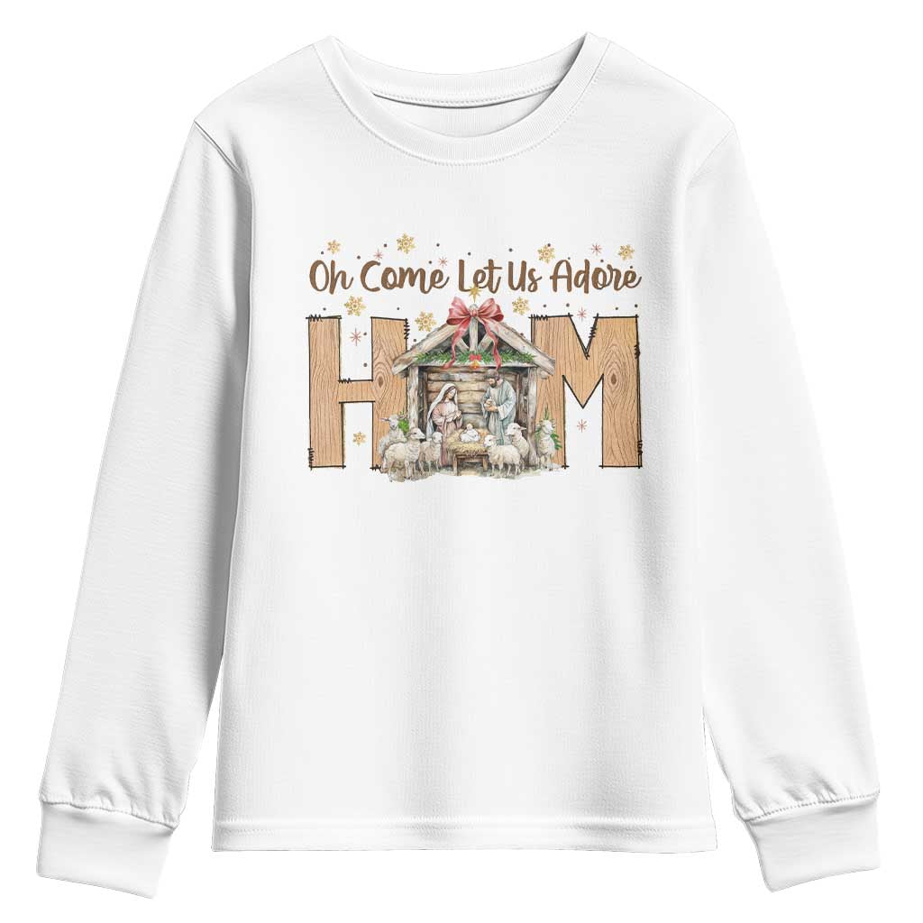 Oh Come Let Us Adore Him Youth Sweatshirt Christian Christmas Nativity Scene - Wonder Print Shop