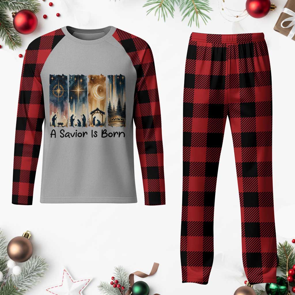 Christian Christmas Plaid Pajama Set A Savior Is Born Jesus Nativity Scene - Wonder Print Shop