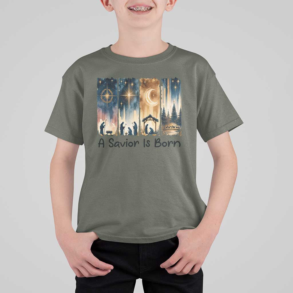 Christian Christmas T Shirt For Kid A Savior Is Born Jesus Nativity Scene - Wonder Print Shop
