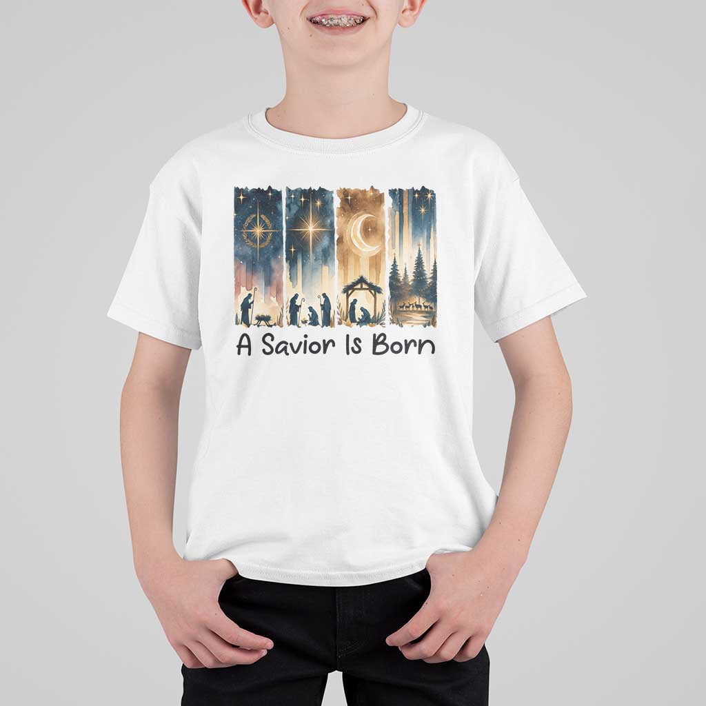 Christian Christmas T Shirt For Kid A Savior Is Born Jesus Nativity Scene - Wonder Print Shop