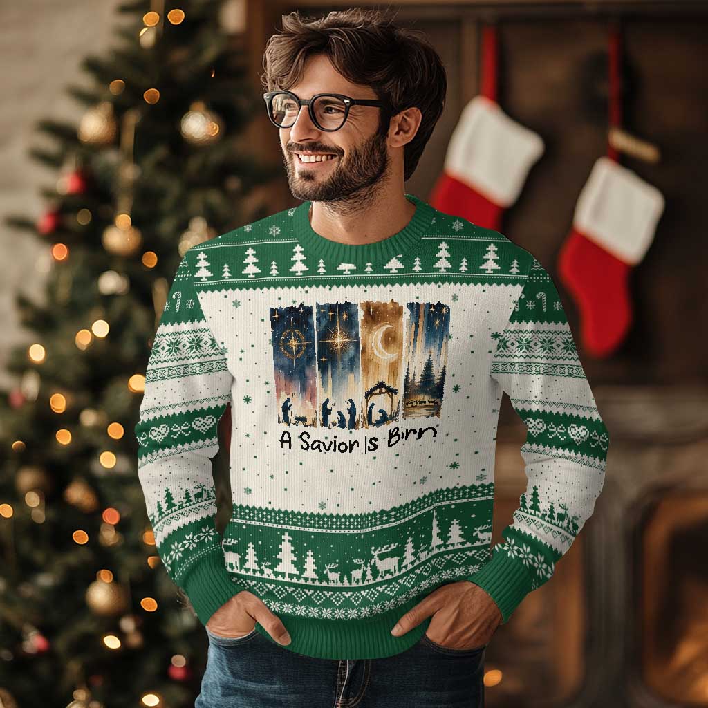 Christian Xmas Ugly Christmas Sweater A Savior Is Born Jesus Nativity Scene - Wonder Print Shop