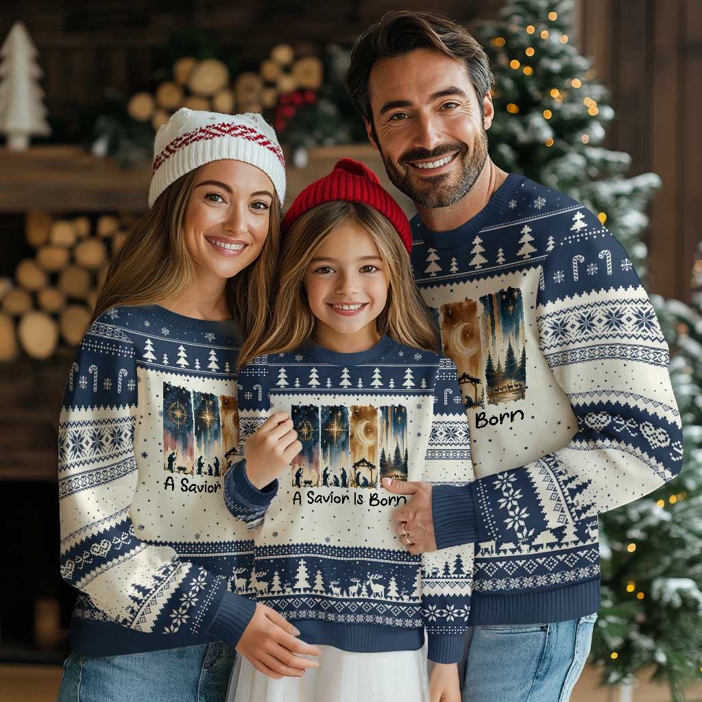 Christian Xmas Ugly Christmas Sweater A Savior Is Born Jesus Nativity Scene - Wonder Print Shop