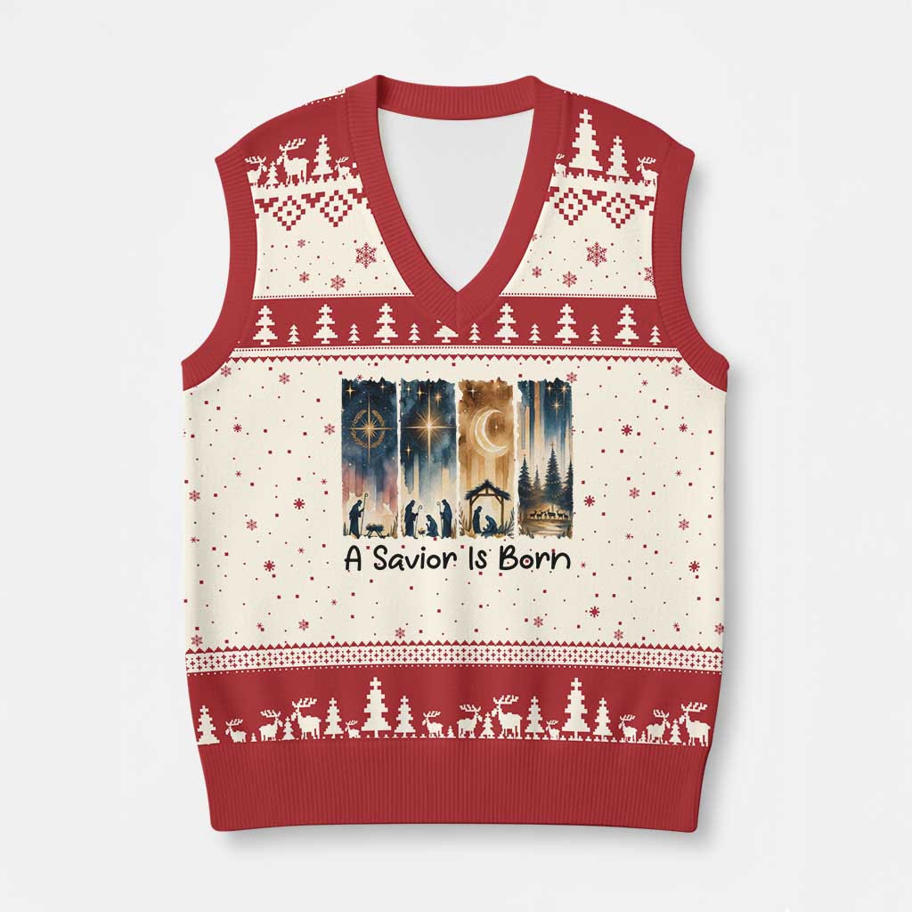 Christian Xmas V-Neck Knit Sweater Vest A Savior Is Born Jesus Nativity Scene - Wonder Print Shop