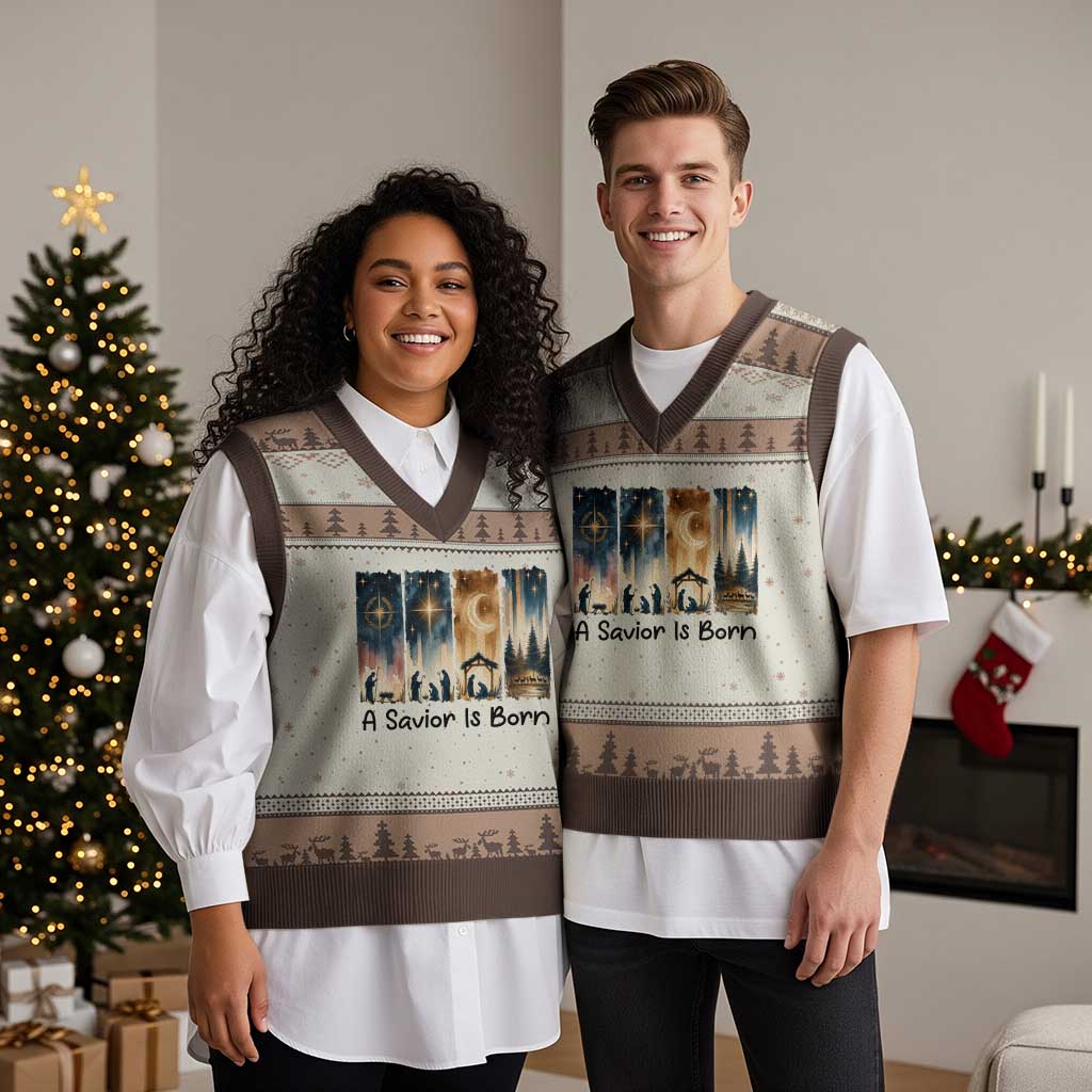 Christian Xmas V-Neck Knit Sweater Vest A Savior Is Born Jesus Nativity Scene - Wonder Print Shop