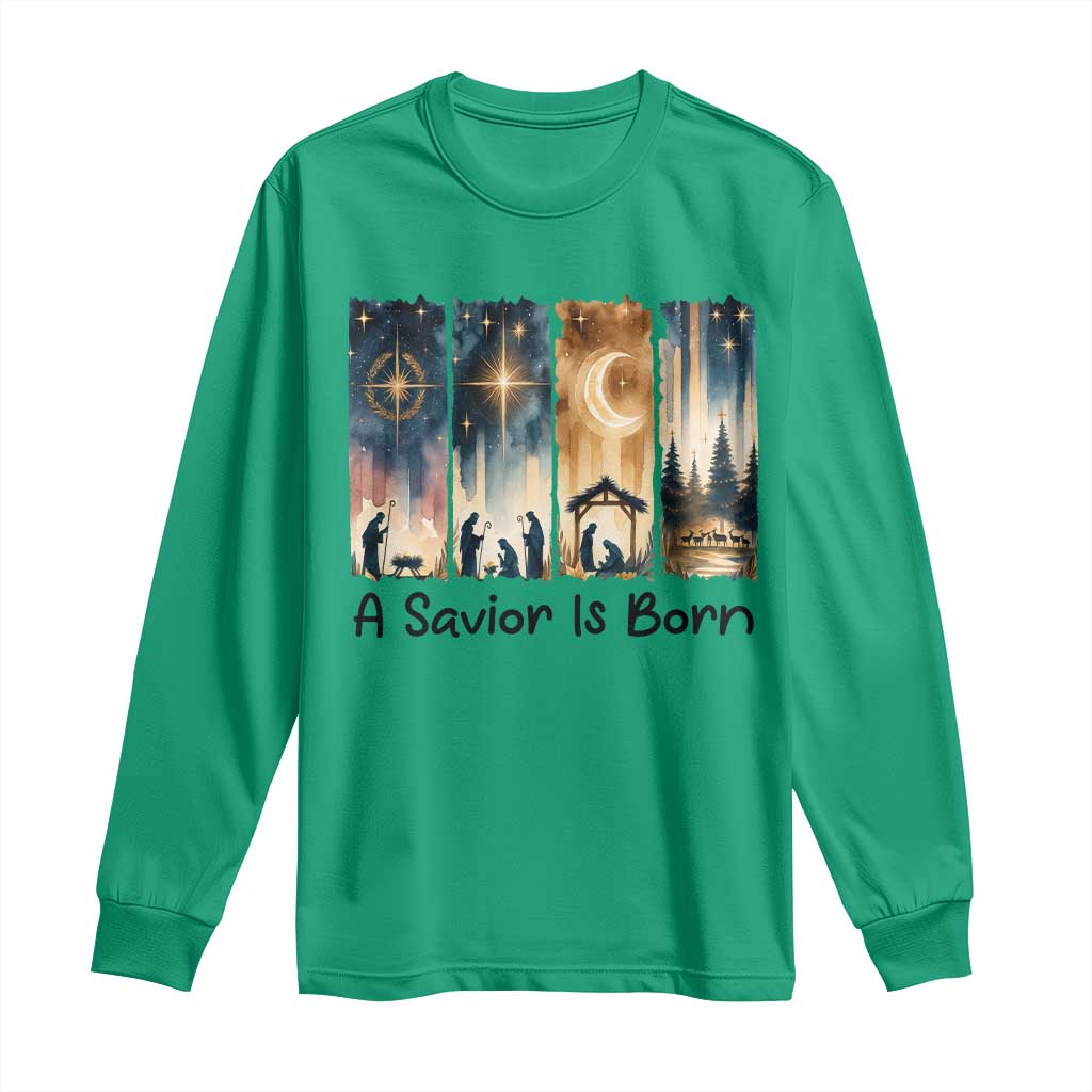 Christian Christmas Long Sleeve Shirt A Savior Is Born Jesus Nativity Scene - Wonder Print Shop
