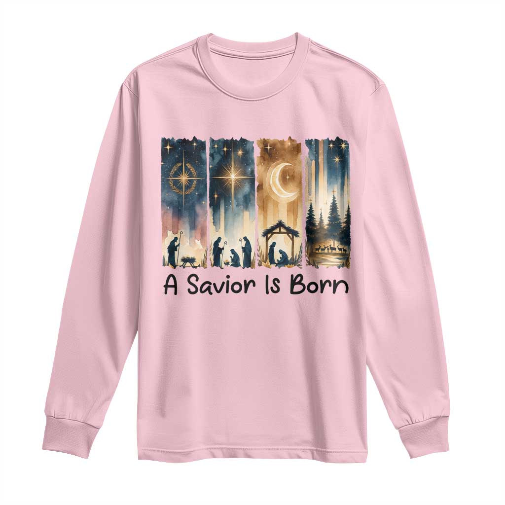 Christian Christmas Long Sleeve Shirt A Savior Is Born Jesus Nativity Scene - Wonder Print Shop