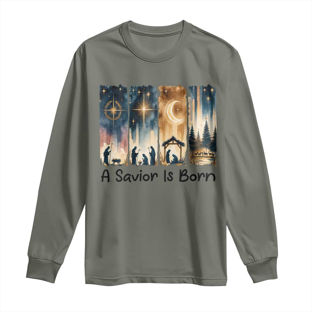 Christian Christmas Long Sleeve Shirt A Savior Is Born Jesus Nativity Scene - Wonder Print Shop