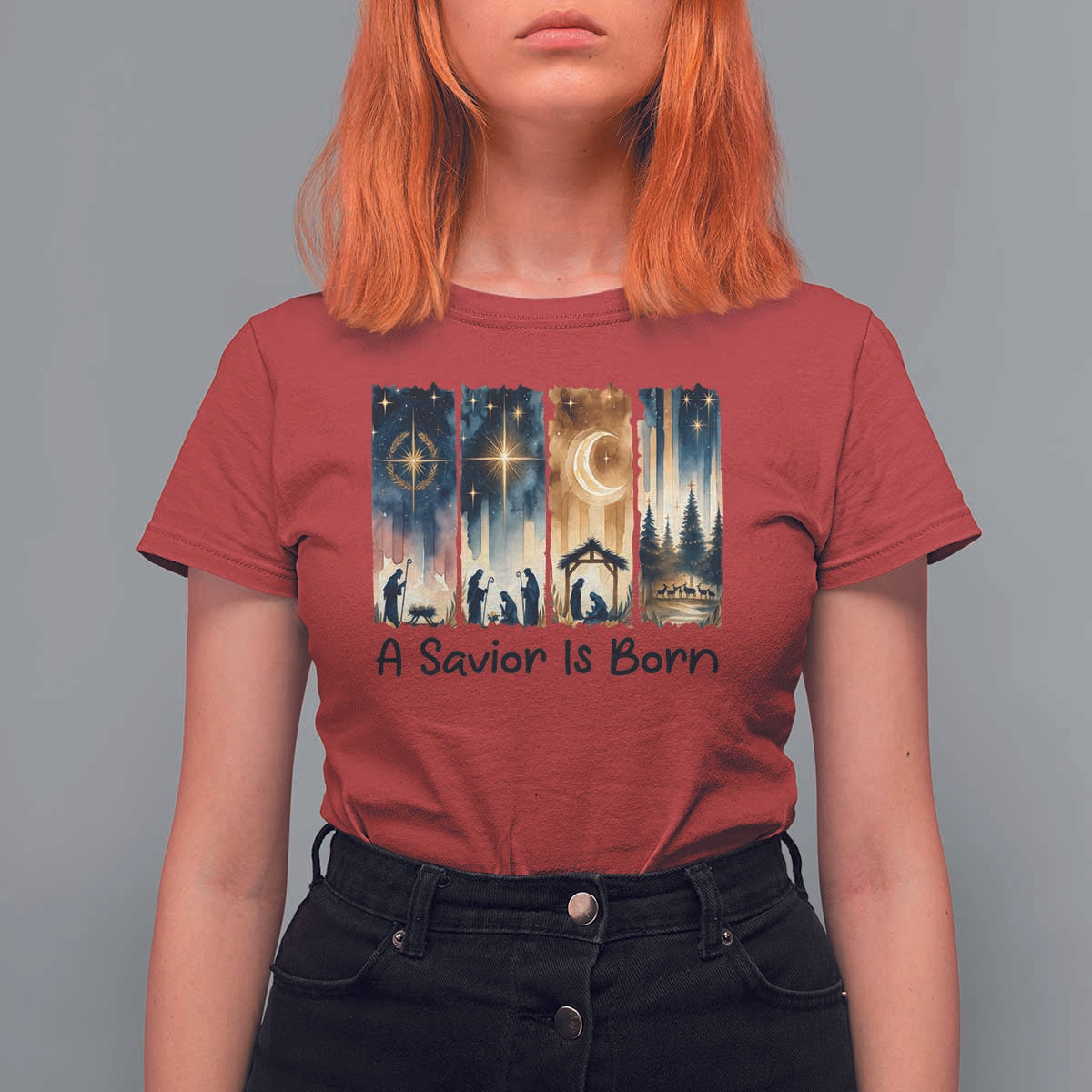 Christian Christmas T Shirt For Women A Savior Is Born Jesus Nativity Scene - Wonder Print Shop