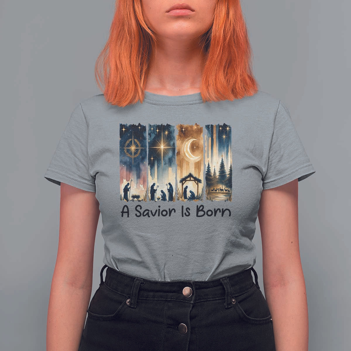 Christian Christmas T Shirt For Women A Savior Is Born Jesus Nativity Scene - Wonder Print Shop