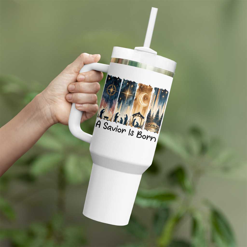 Christian Christmas Tumbler With Handle A Savior Is Born Jesus Nativity Scene - Wonder Print Shop