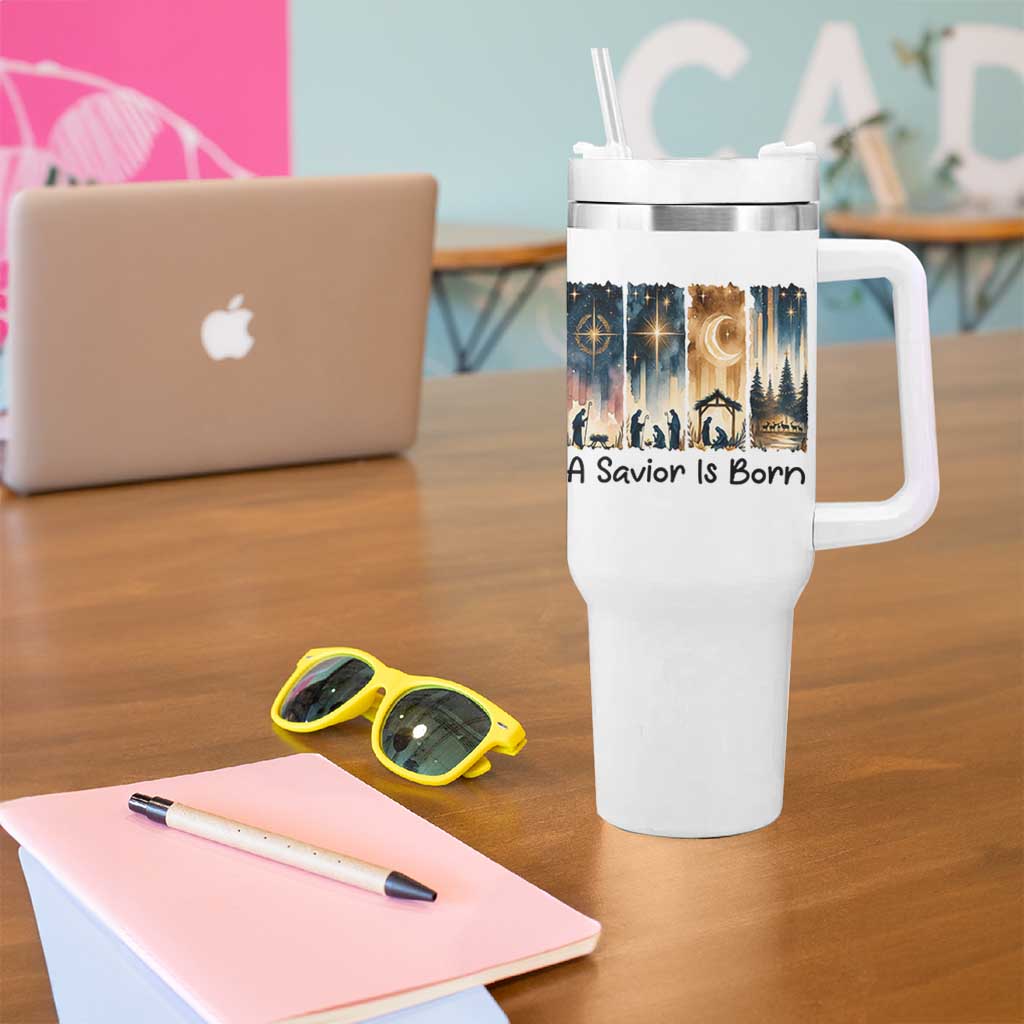 Christian Christmas Tumbler With Handle A Savior Is Born Jesus Nativity Scene - Wonder Print Shop