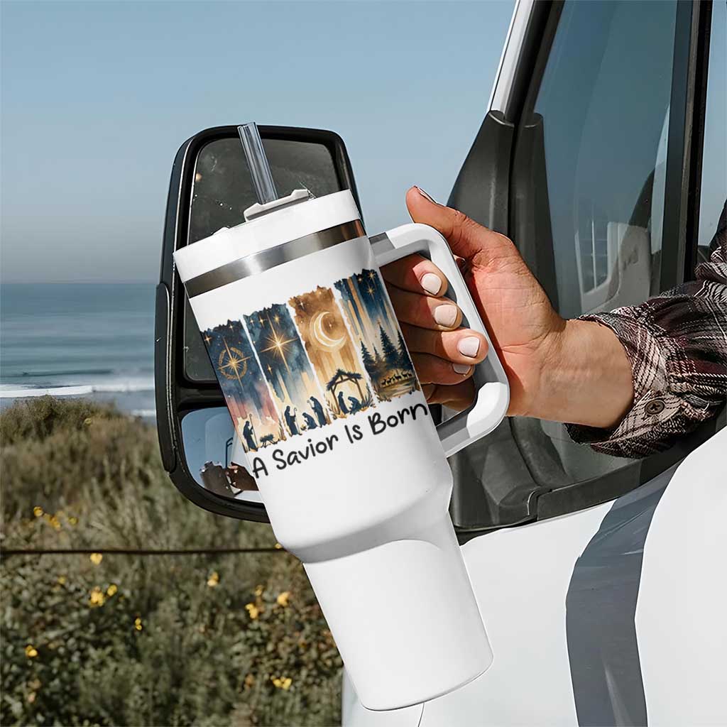 Christian Christmas Tumbler With Handle A Savior Is Born Jesus Nativity Scene - Wonder Print Shop
