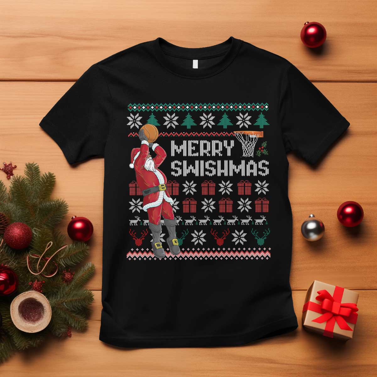 Funny Black Santa Christmas Basketball T Shirt Merry Swishmass Xmas Sport - Wonder Print Shop