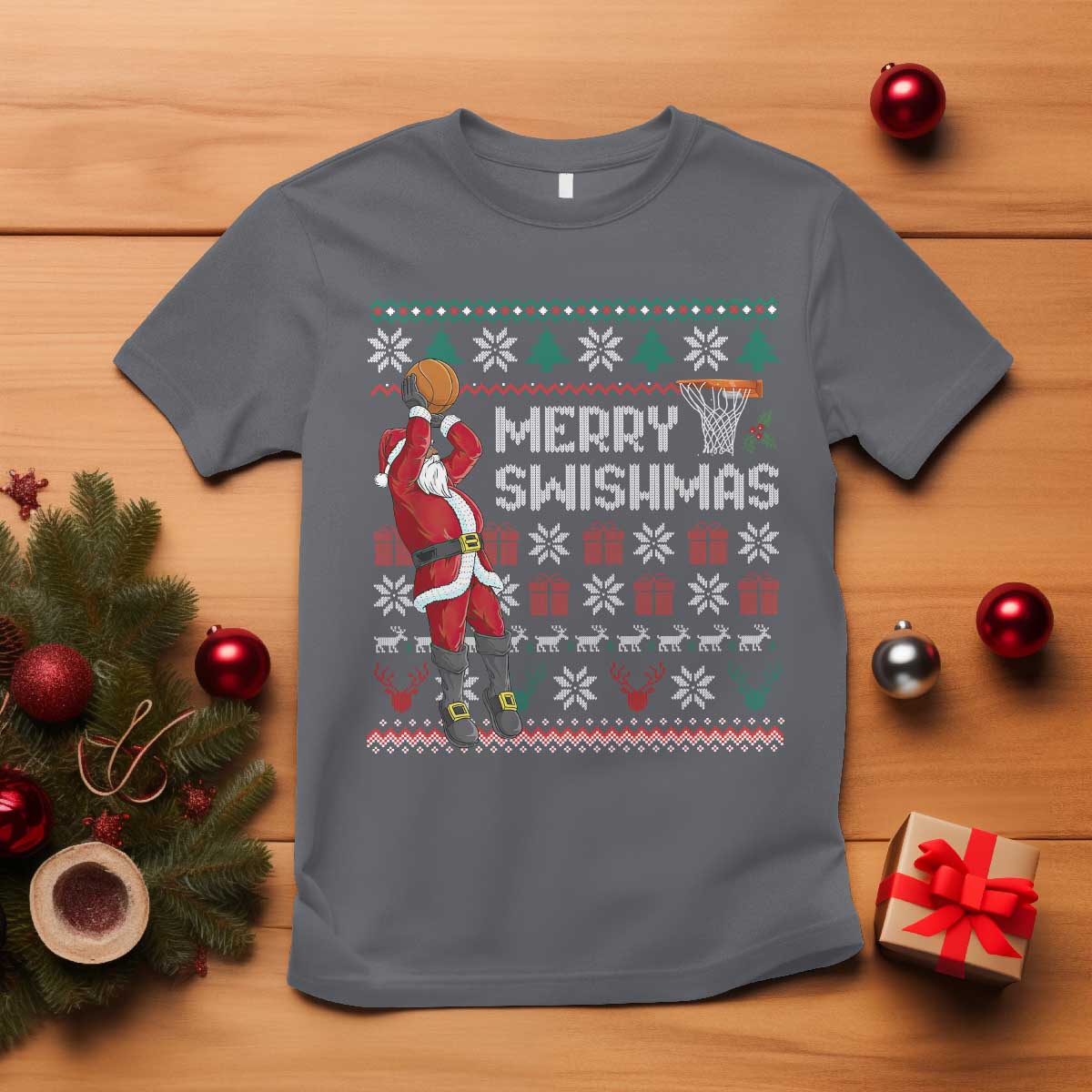 Funny Black Santa Christmas Basketball T Shirt Merry Swishmass Xmas Sport - Wonder Print Shop