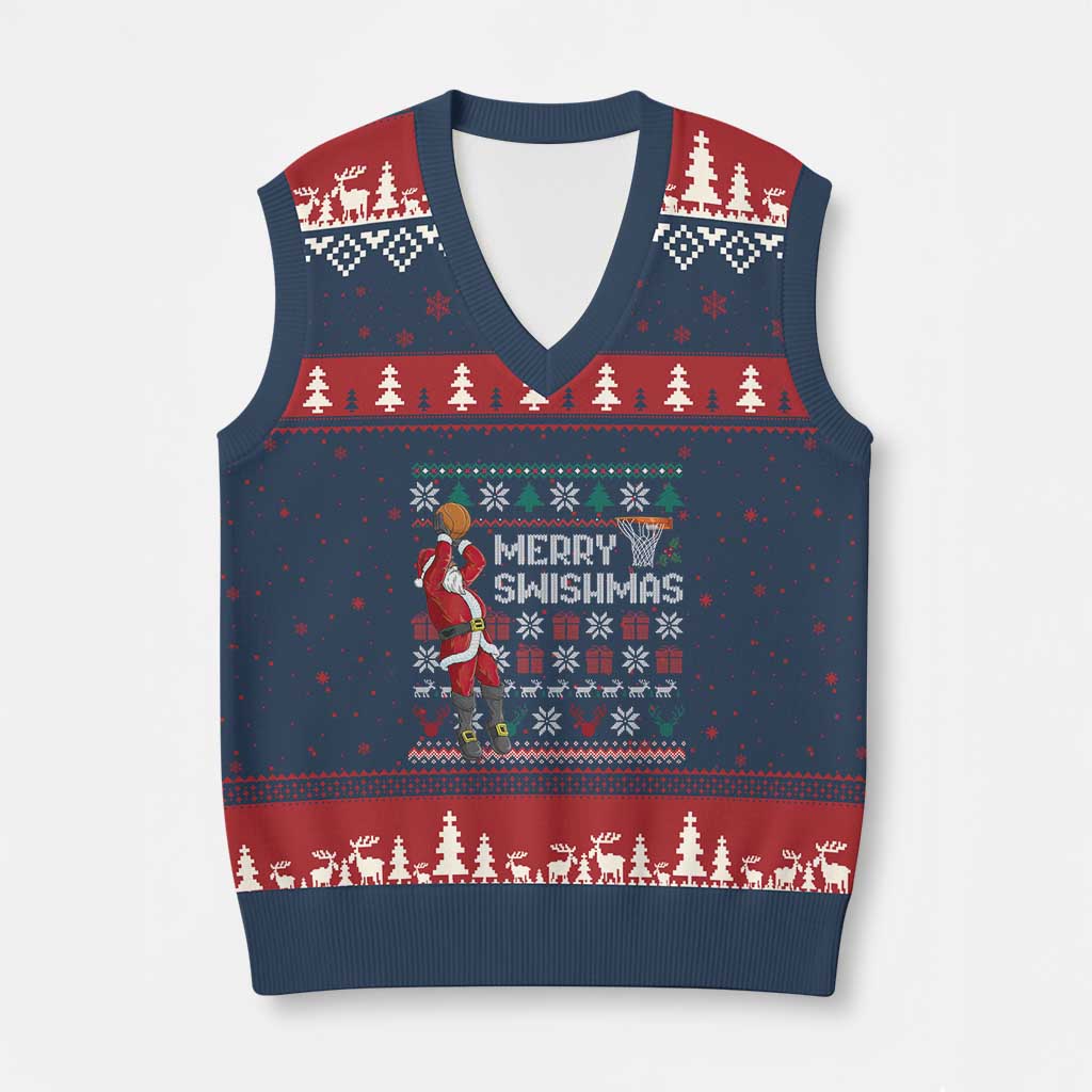 Funny Black Santa Christmas Basketball V-Neck Knit Sweater Vest Merry Swishmass Xmas Sport - Wonder Print Shop