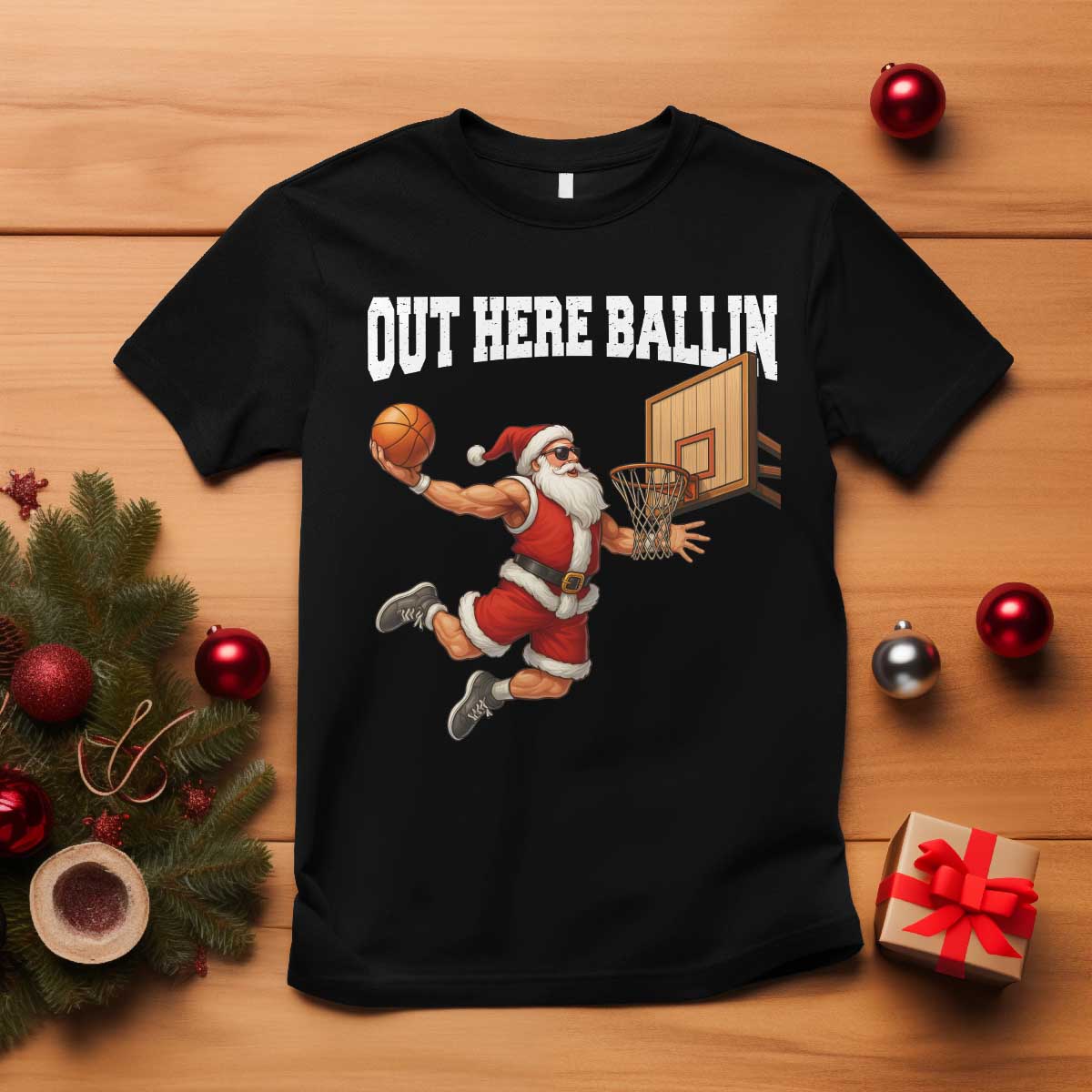 Funny Christmas Basketball T Shirt Out Here Ballin Xmas Santa Sport - Wonder Print Shop
