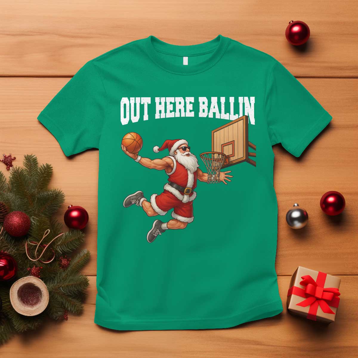 Funny Christmas Basketball T Shirt Out Here Ballin Xmas Santa Sport - Wonder Print Shop
