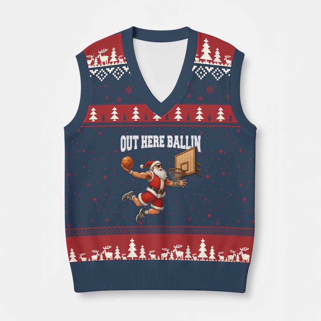 Funny Christmas Basketball V-Neck Knit Sweater Vest Out Here Ballin Xmas Santa Sport - Wonder Print Shop