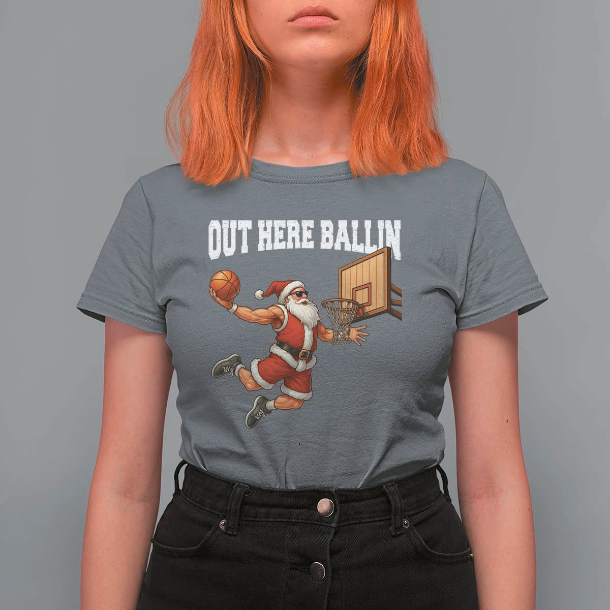 Funny Christmas Basketball T Shirt For Women Out Here Ballin Xmas Santa Sport - Wonder Print Shop