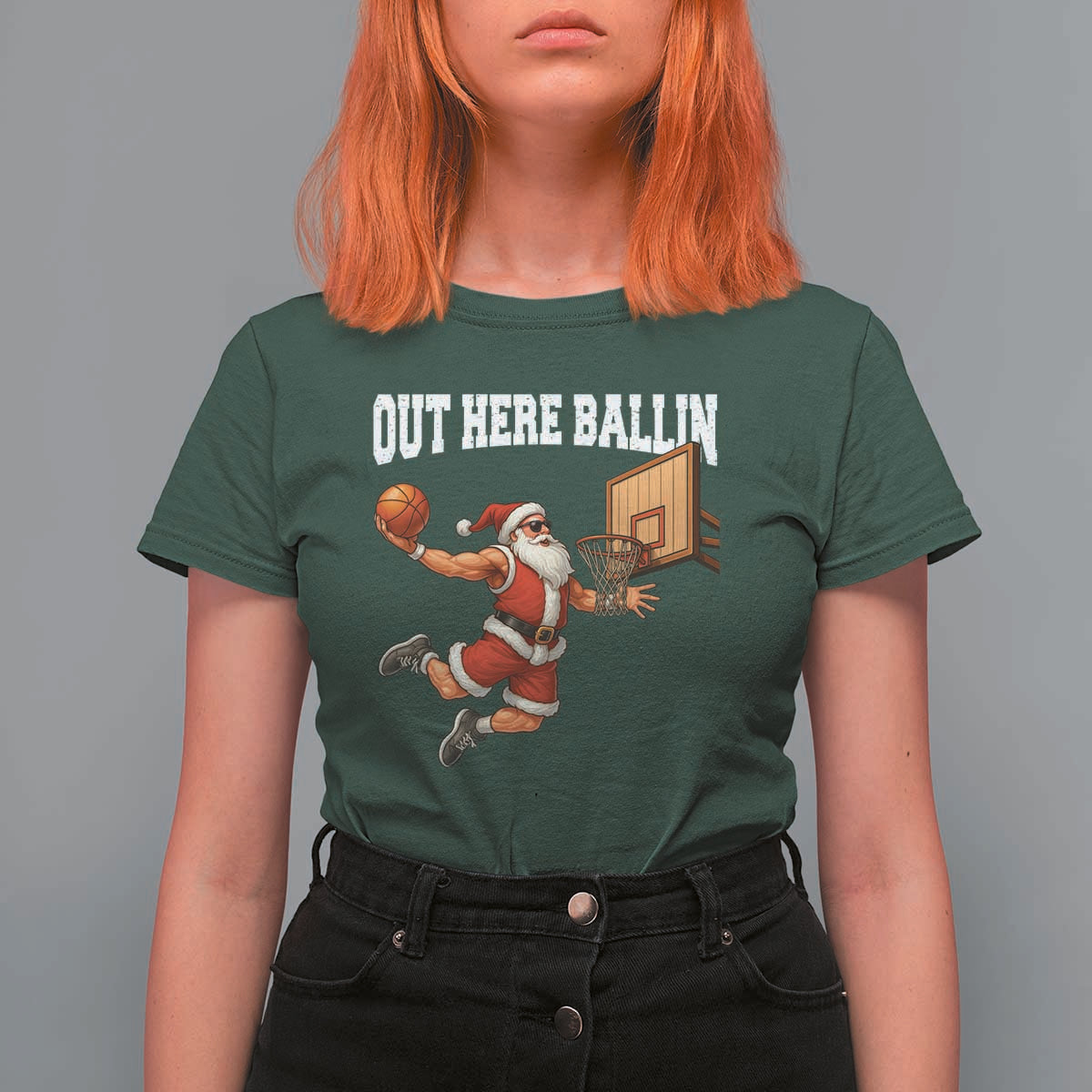 Funny Christmas Basketball T Shirt For Women Out Here Ballin Xmas Santa Sport - Wonder Print Shop