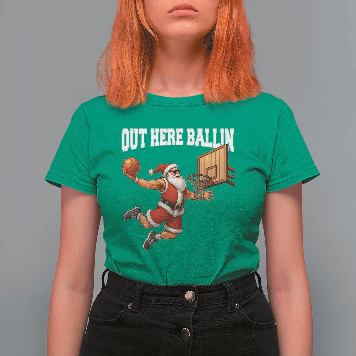 Funny Christmas Basketball T Shirt For Women Out Here Ballin Xmas Santa Sport - Wonder Print Shop