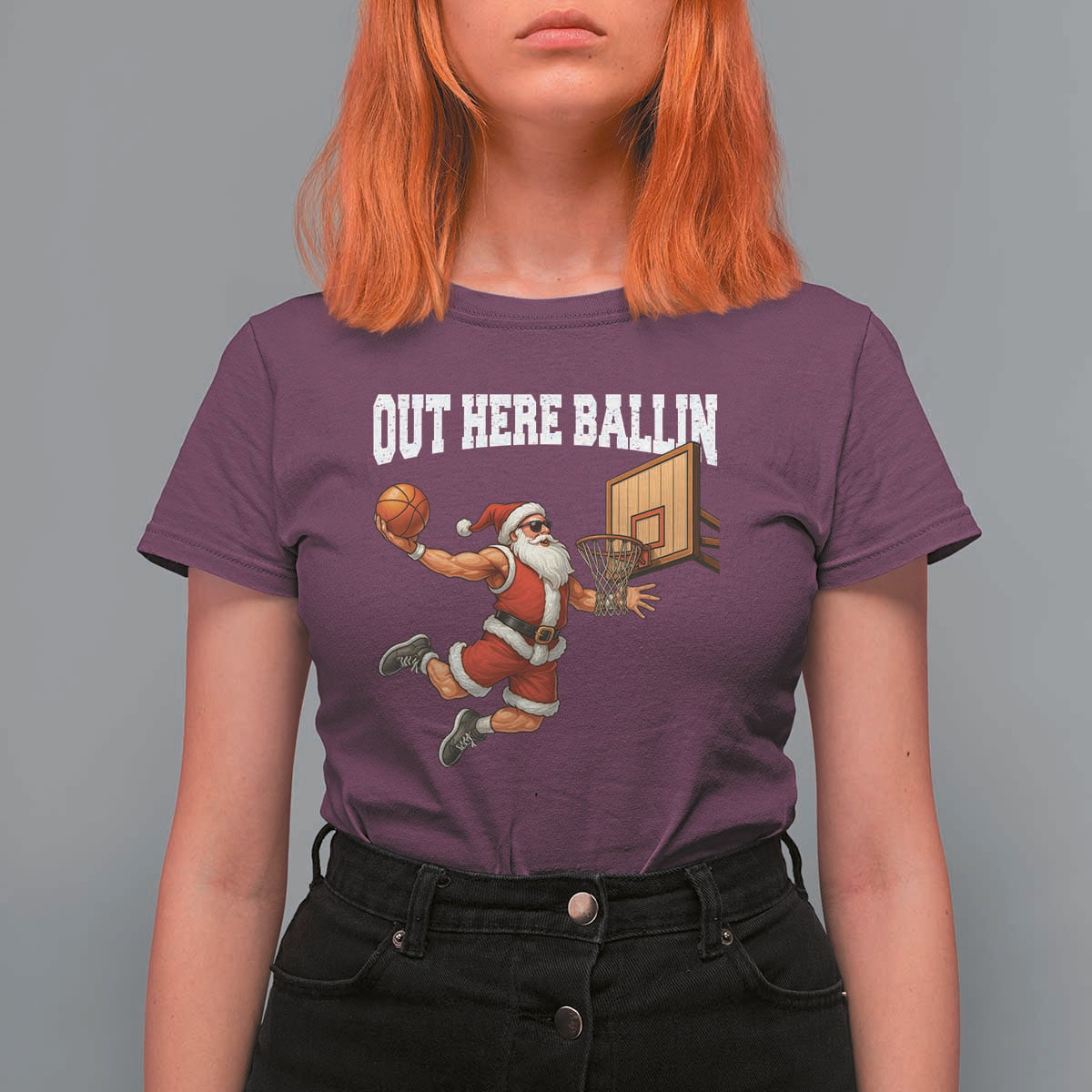 Funny Christmas Basketball T Shirt For Women Out Here Ballin Xmas Santa Sport - Wonder Print Shop