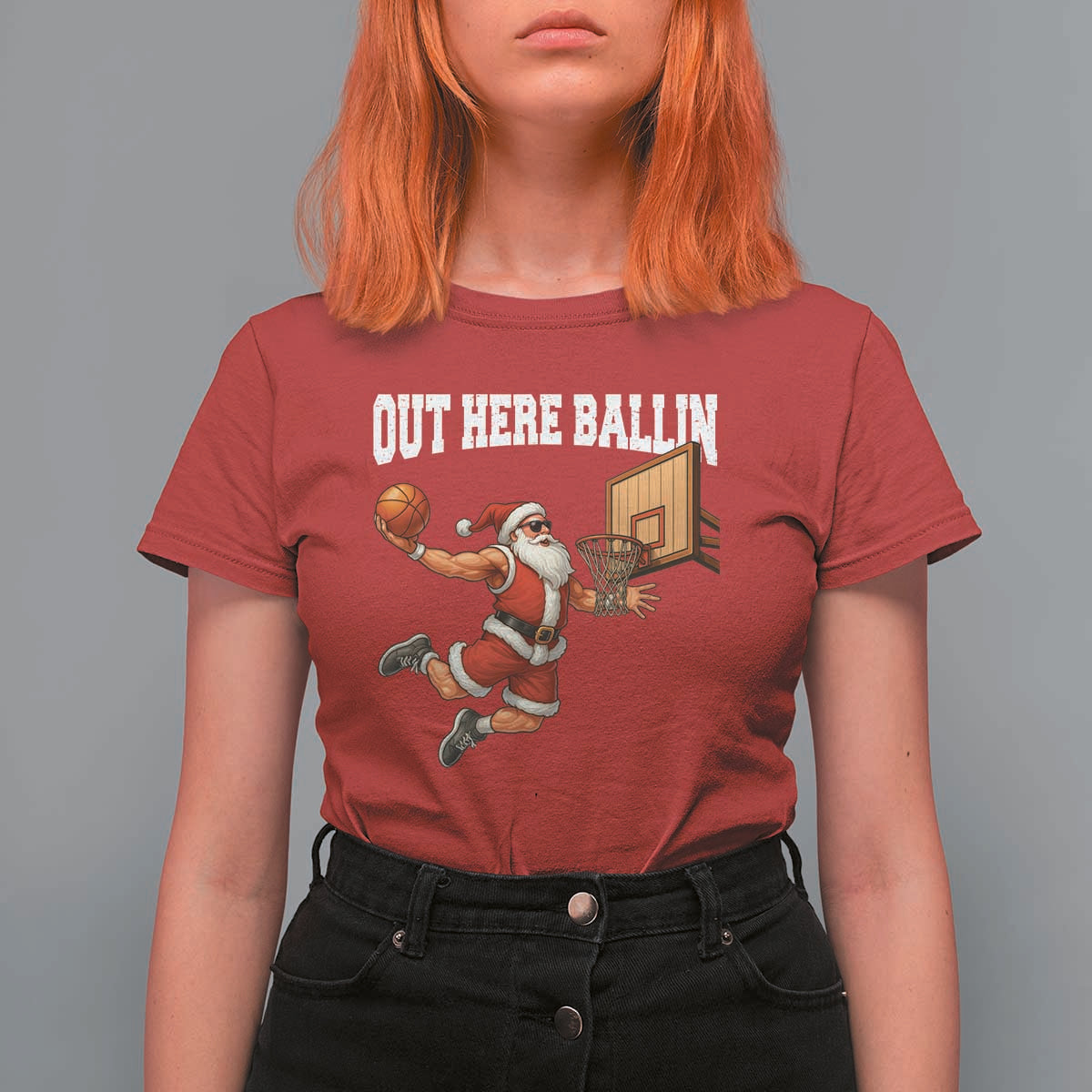 Funny Christmas Basketball T Shirt For Women Out Here Ballin Xmas Santa Sport - Wonder Print Shop