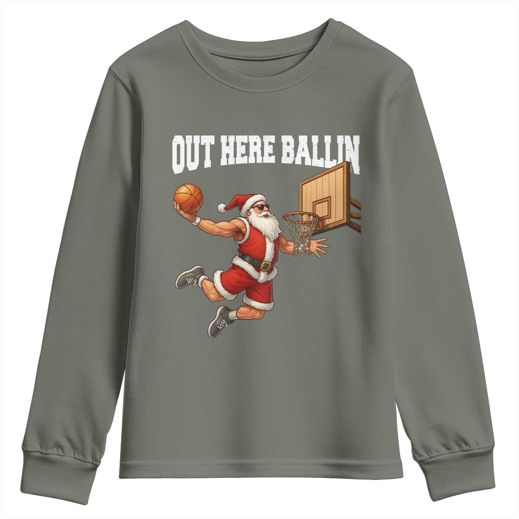 Funny Christmas Basketball Youth Sweatshirt Out Here Ballin Xmas Santa Sport - Wonder Print Shop