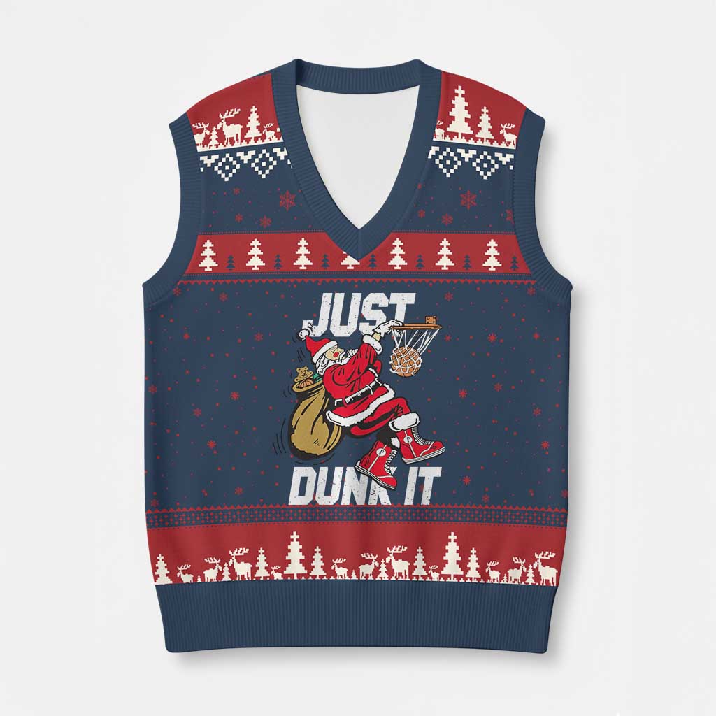 Funny Christmas Basketball V-Neck Knit Sweater Vest Just Dunk It Xmas Santa Sport - Wonder Print Shop
