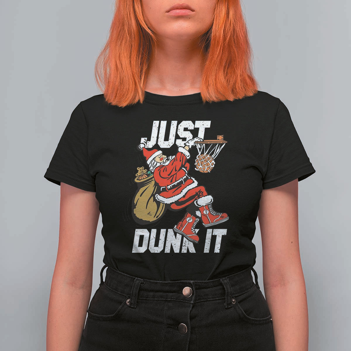 Funny Christmas Basketball T Shirt For Women Just Dunk It Xmas Santa Sport - Wonder Print Shop