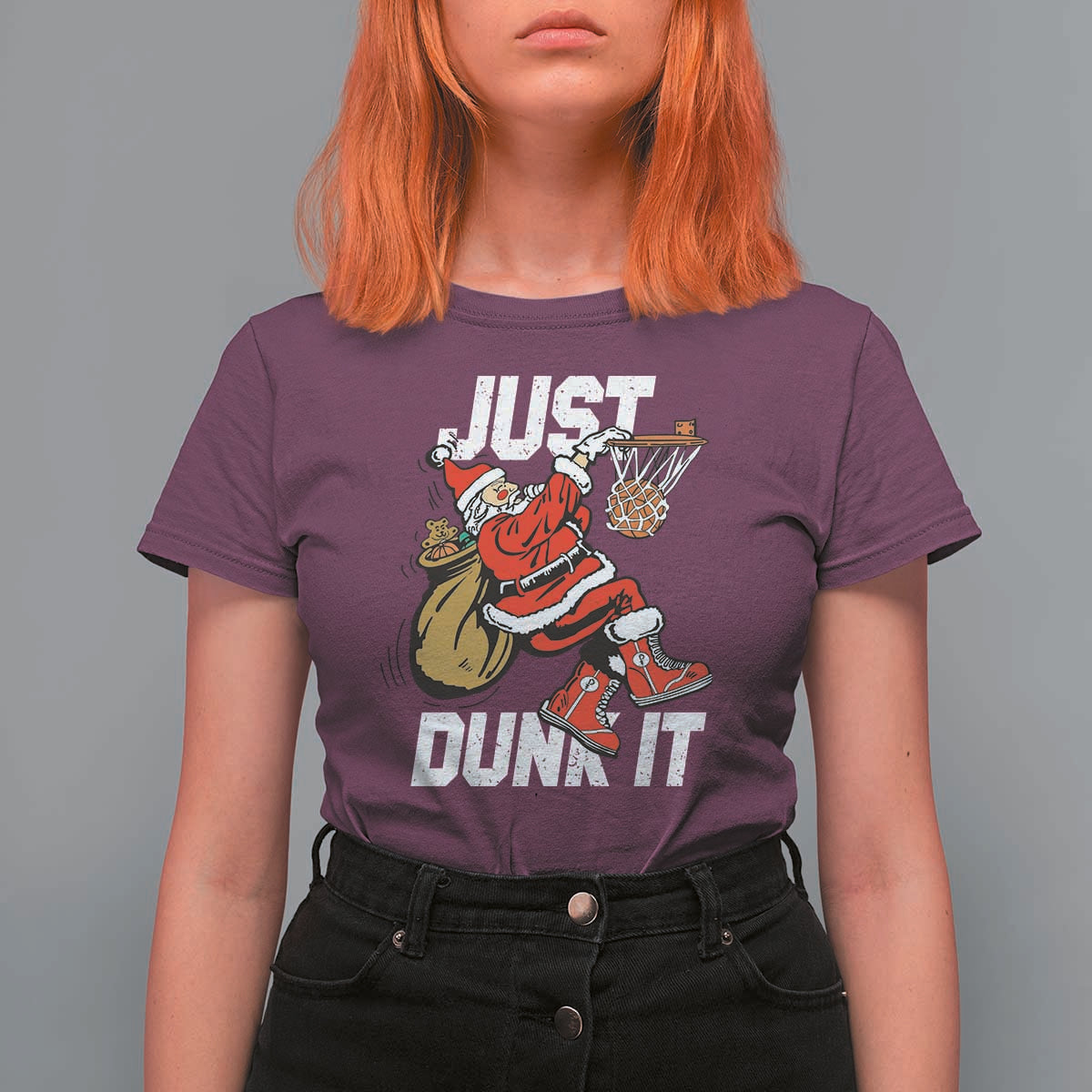 Funny Christmas Basketball T Shirt For Women Just Dunk It Xmas Santa Sport - Wonder Print Shop