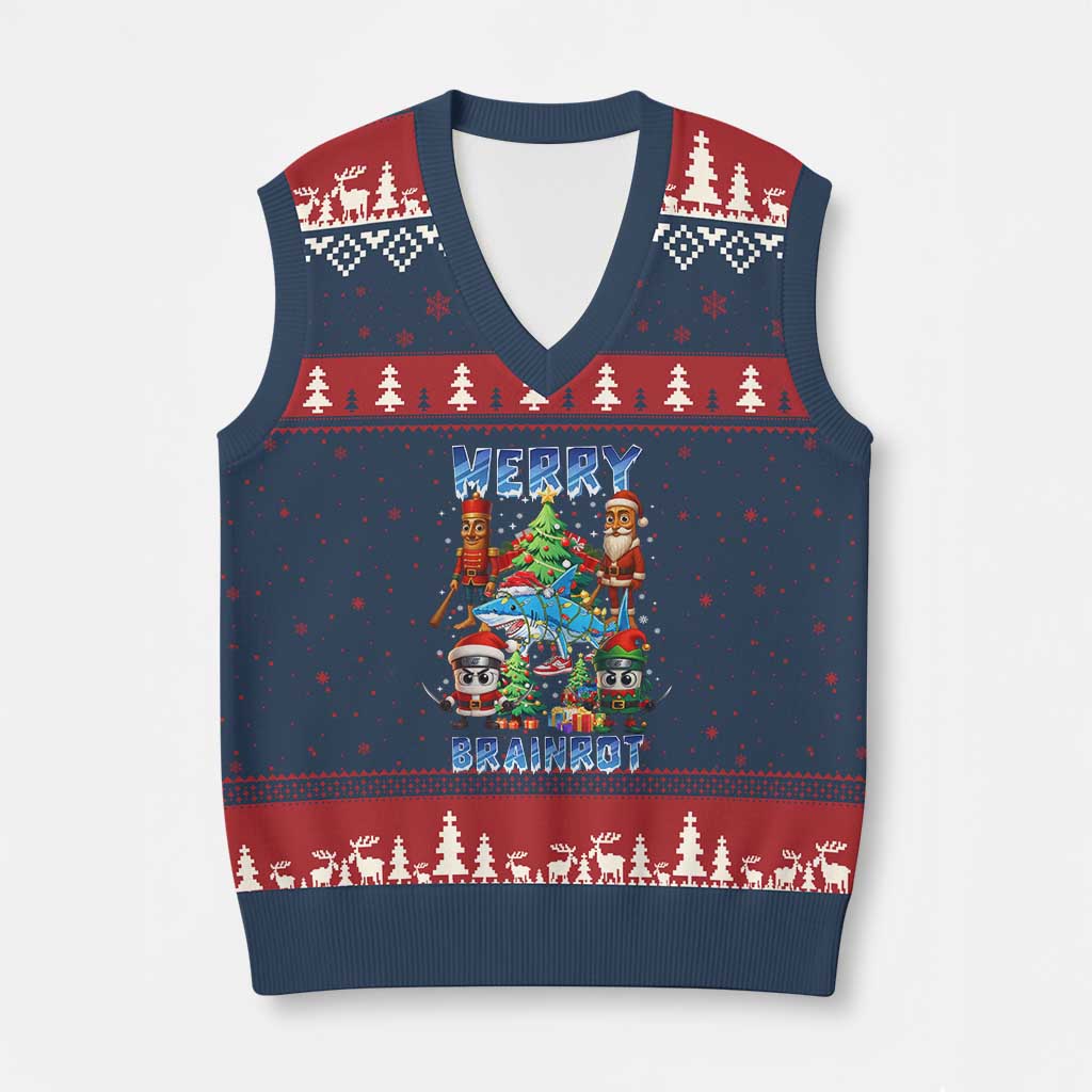 Funny Italian Brainrot Meme Xmas V-Neck Knit Sweater Vest Merry Brainrot Xmas Gen Alpha - Wonder Print Shop