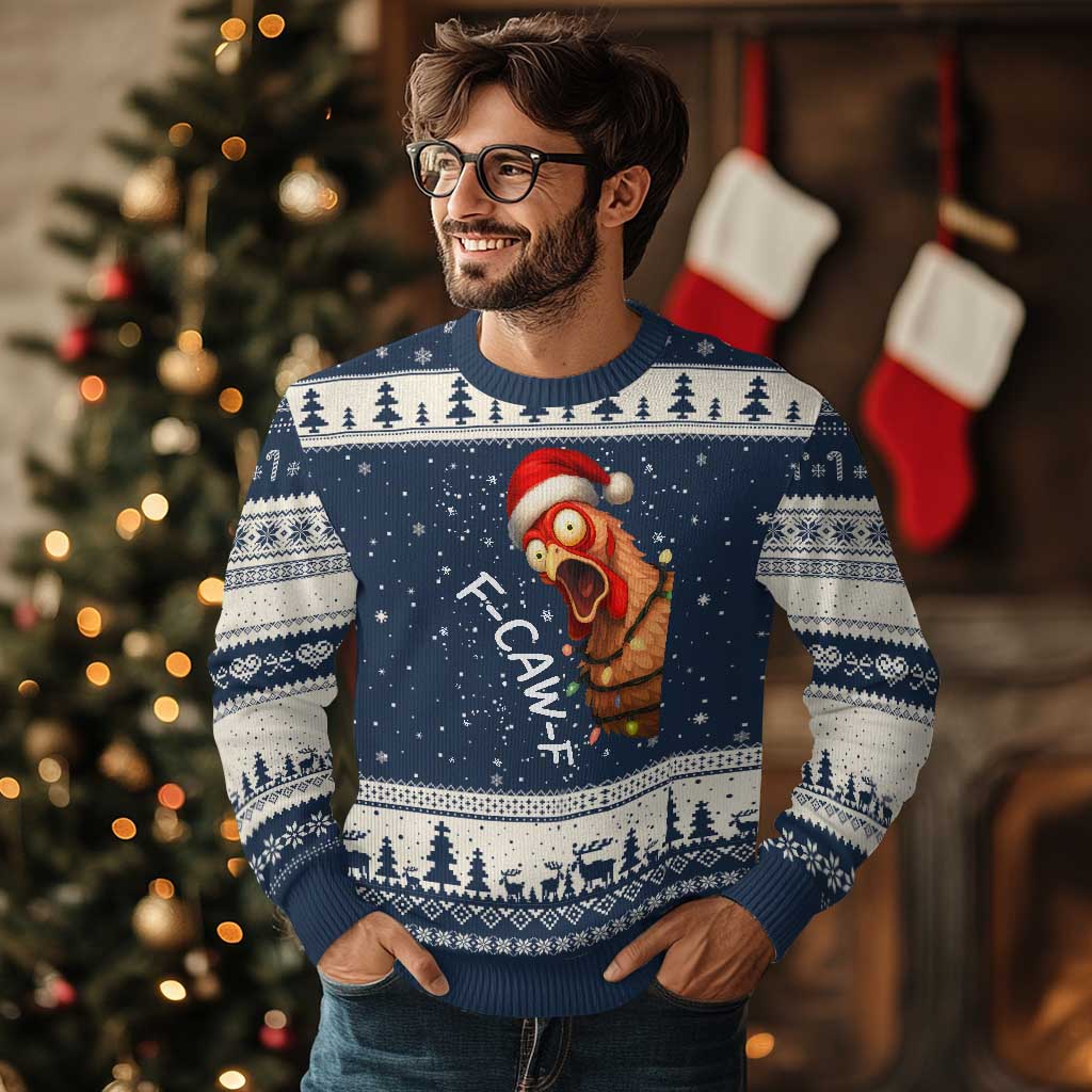 Funny F Caw F Chicken Xmas Ugly Christmas Sweater Xmas Rooster Meme Santa Hat - Wonder Print Shop