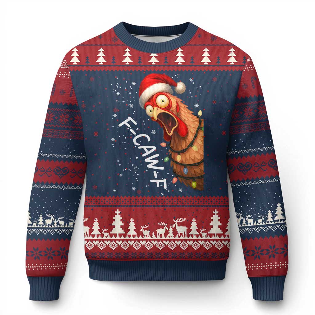 Funny F Caw F Chicken Xmas Ugly Christmas Sweater Xmas Rooster Meme Santa Hat - Wonder Print Shop