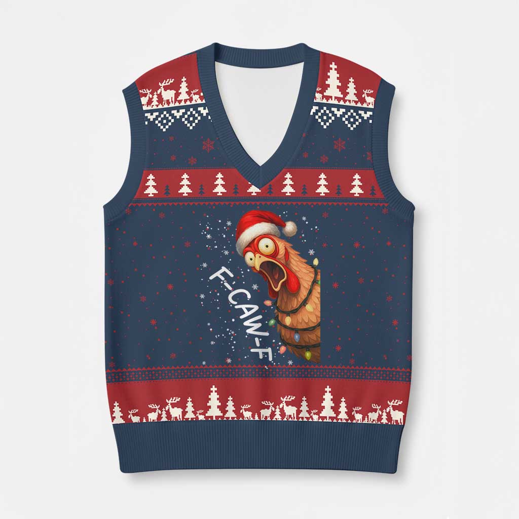 Funny F Caw F Chicken Xmas V-Neck Knit Sweater Vest Xmas Rooster Meme Santa Hat - Wonder Print Shop