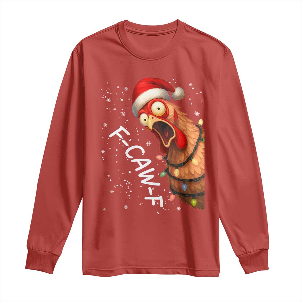 Funny F Caw F Chicken Christmas Long Sleeve Shirt Xmas Rooster Meme Santa Hat - Wonder Print Shop