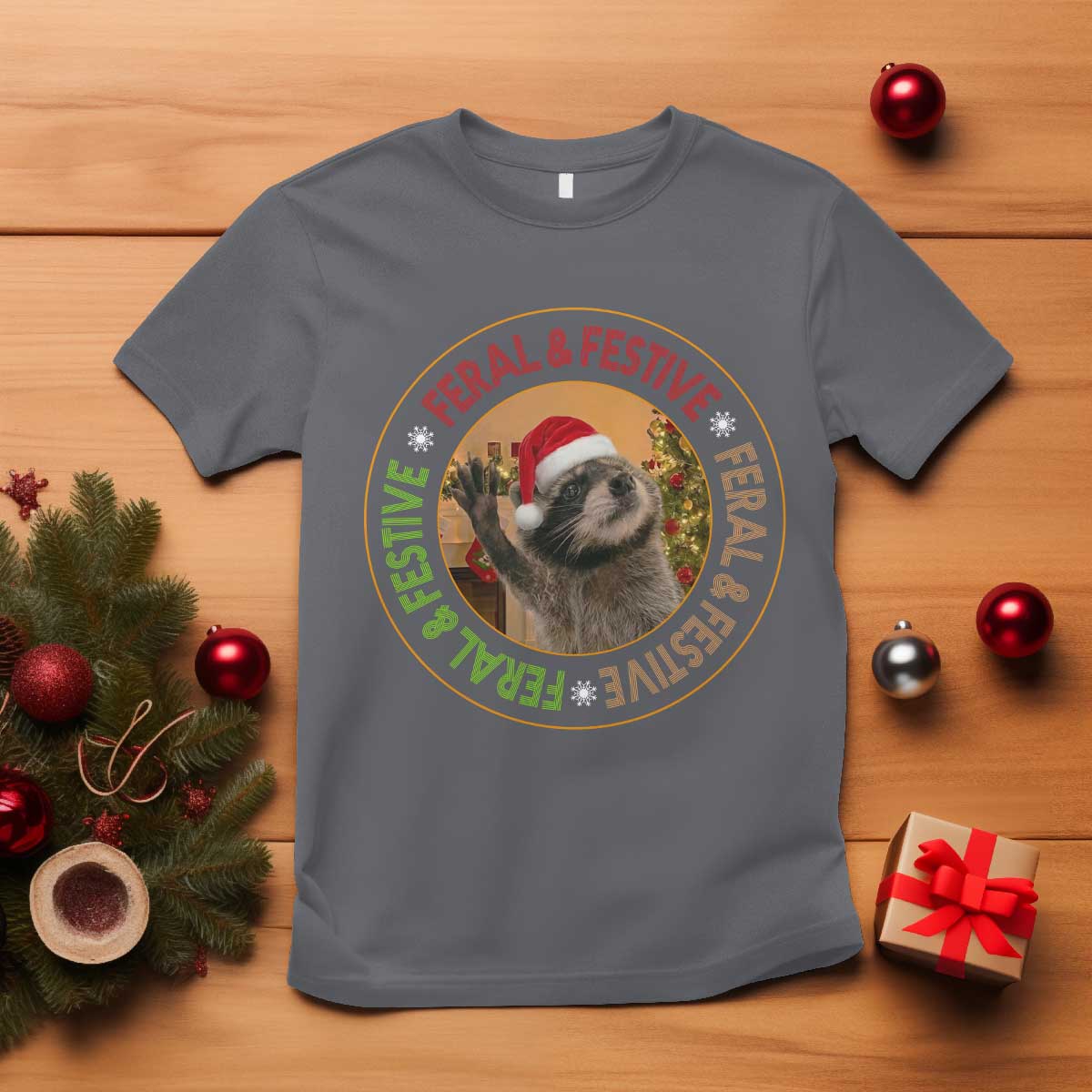 Funny Christmas Pedro The Racoon T Shirt Feral And Festive Xmas Santa Trash Panda - Wonder Print Shop