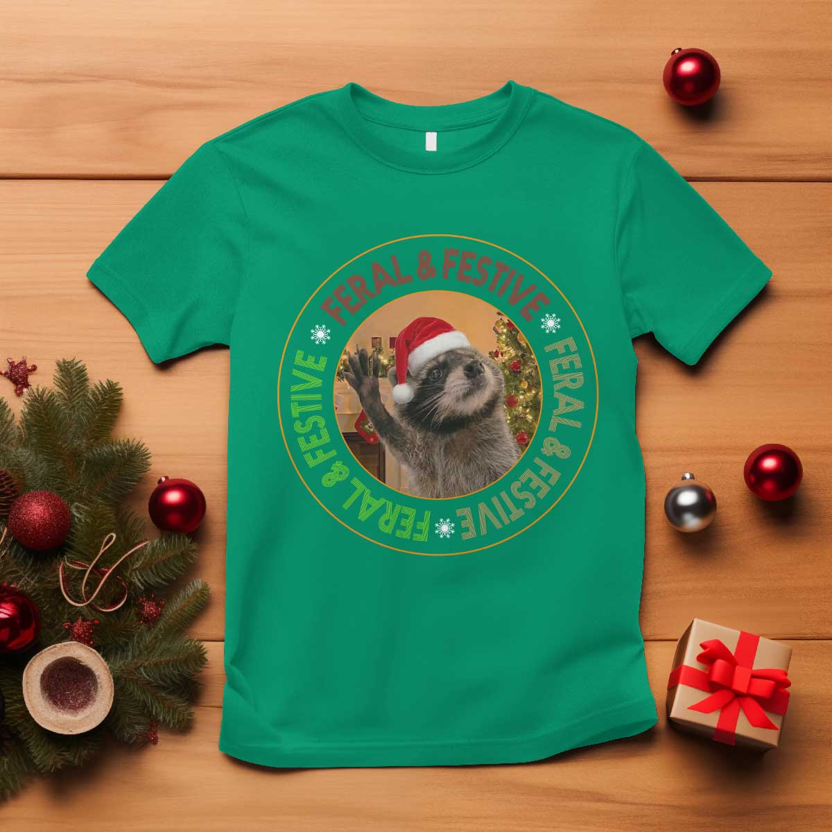 Funny Christmas Pedro The Racoon T Shirt Feral And Festive Xmas Santa Trash Panda - Wonder Print Shop