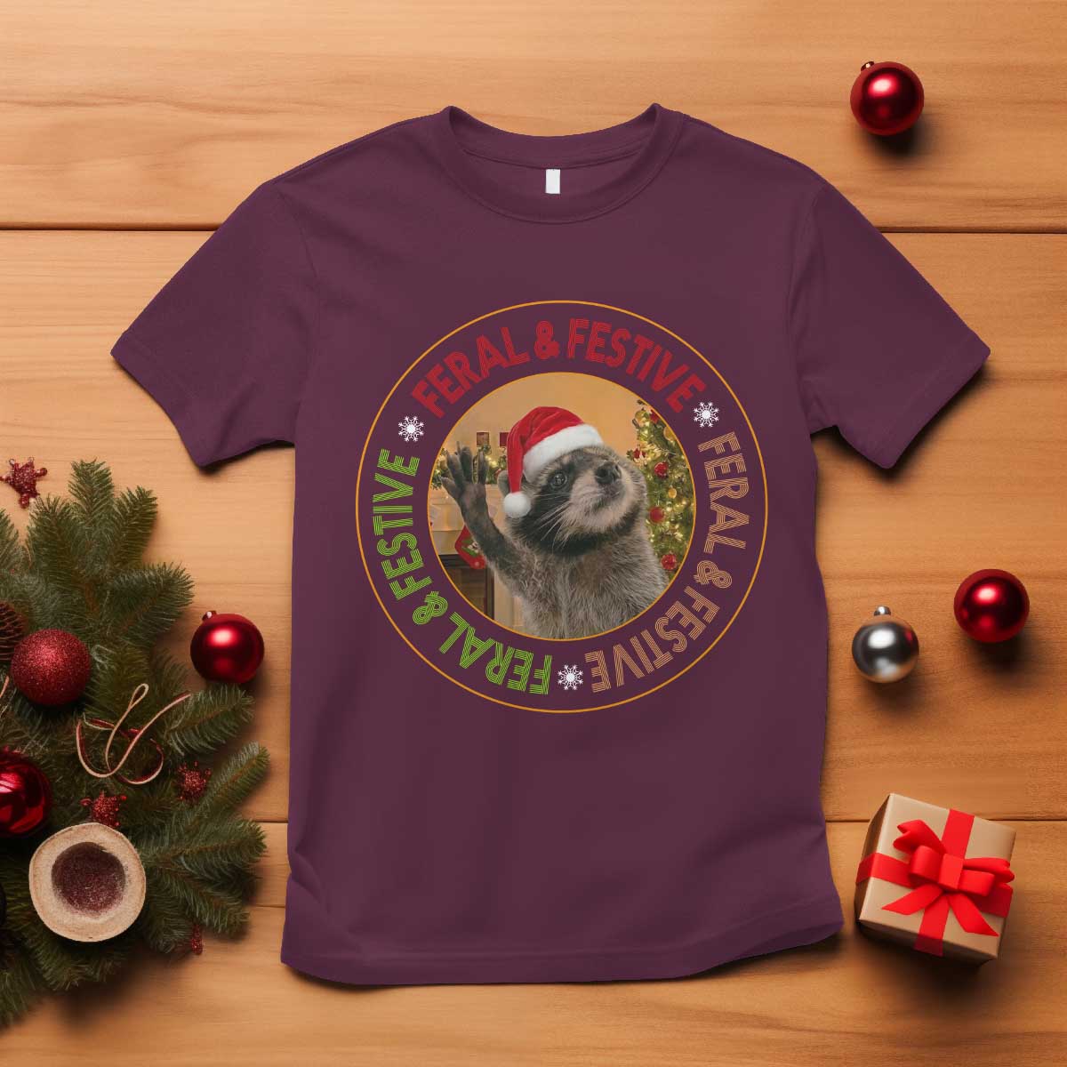 Funny Christmas Pedro The Racoon T Shirt Feral And Festive Xmas Santa Trash Panda - Wonder Print Shop
