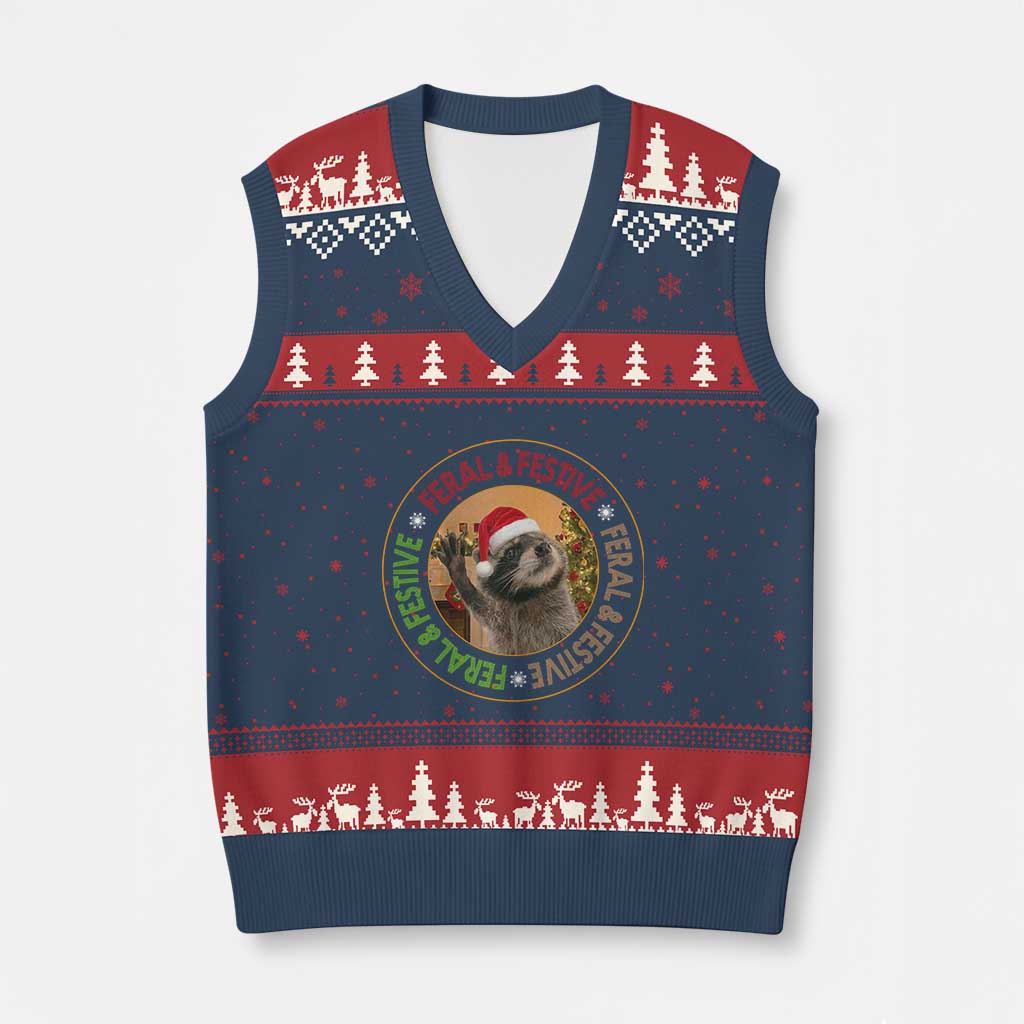 Funny Xmas Pedro The Racoon V-Neck Knit Sweater Vest Feral And Festive Xmas Santa Trash Panda - Wonder Print Shop