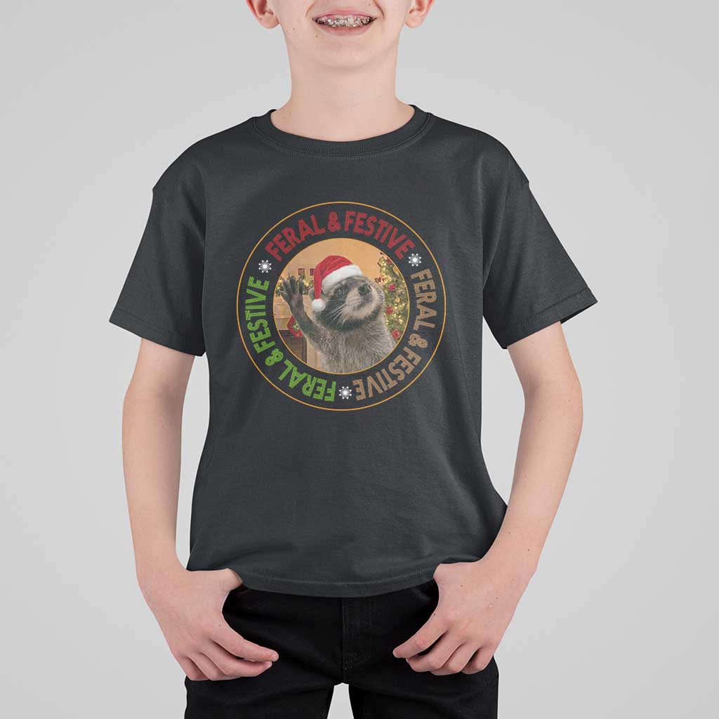 Funny Christmas Pedro The Racoon T Shirt For Kid Feral And Festive Xmas Santa Trash Panda - Wonder Print Shop