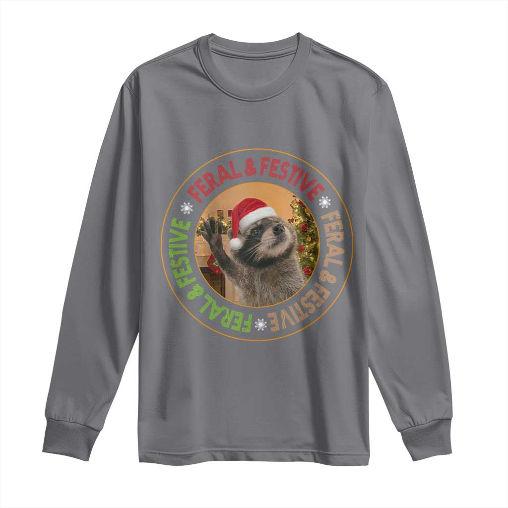 Funny Christmas Pedro The Racoon Long Sleeve Shirt Feral And Festive Xmas Santa Trash Panda - Wonder Print Shop