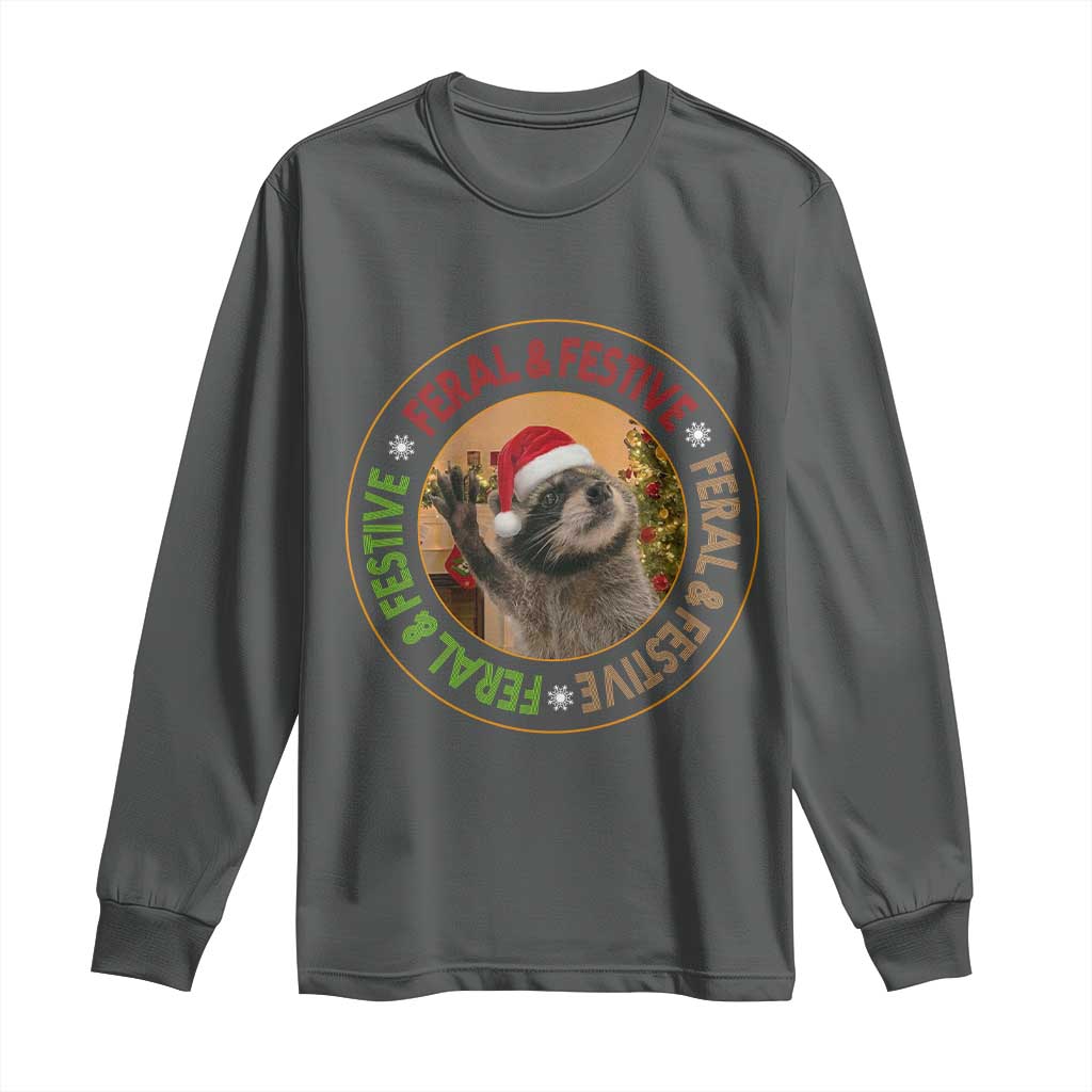 Funny Christmas Pedro The Racoon Long Sleeve Shirt Feral And Festive Xmas Santa Trash Panda - Wonder Print Shop