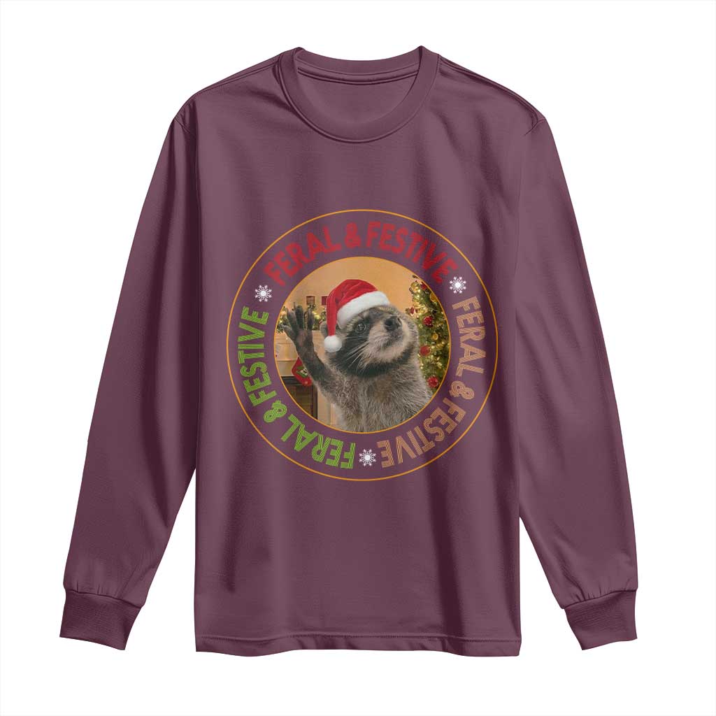 Funny Christmas Pedro The Racoon Long Sleeve Shirt Feral And Festive Xmas Santa Trash Panda - Wonder Print Shop