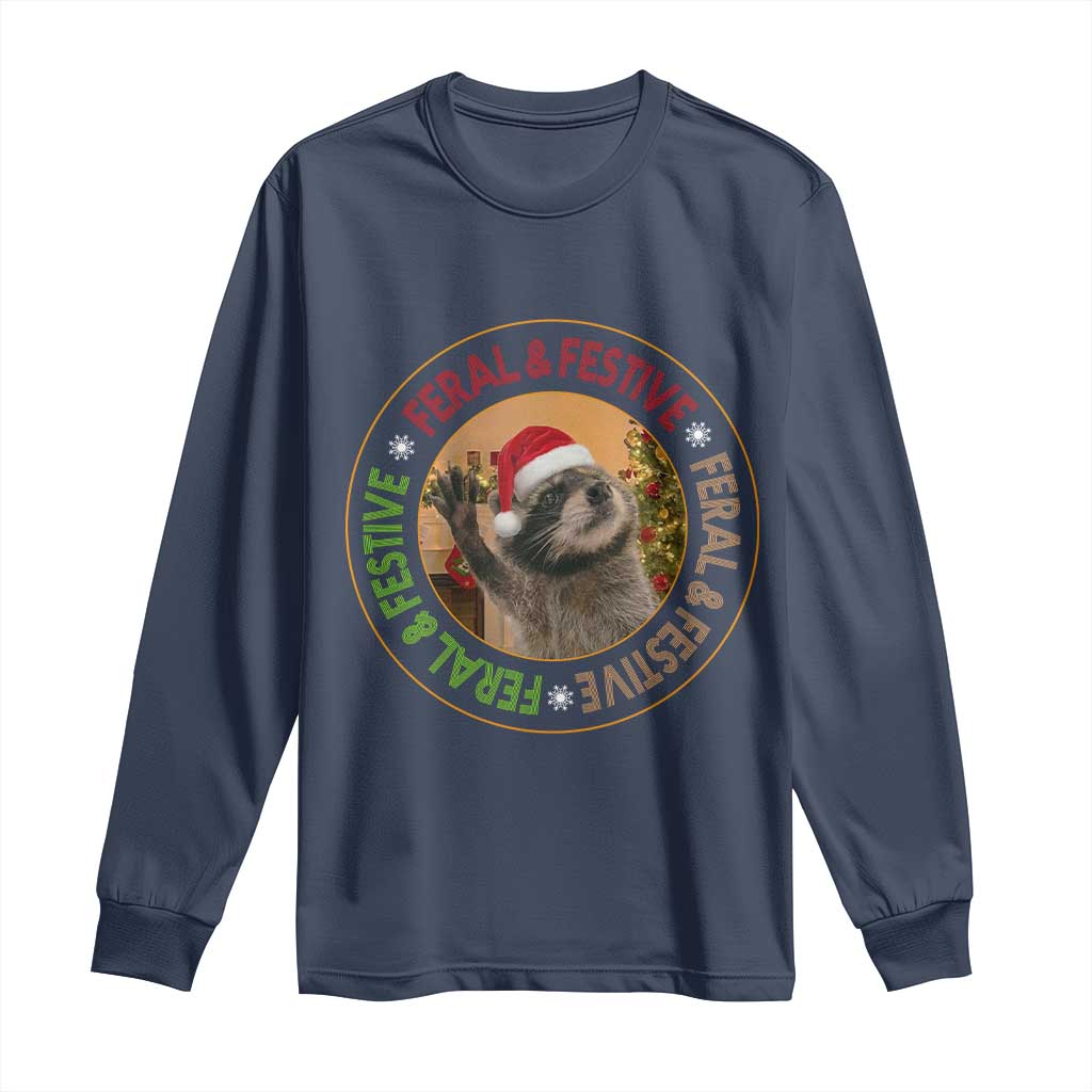 Funny Christmas Pedro The Racoon Long Sleeve Shirt Feral And Festive Xmas Santa Trash Panda - Wonder Print Shop