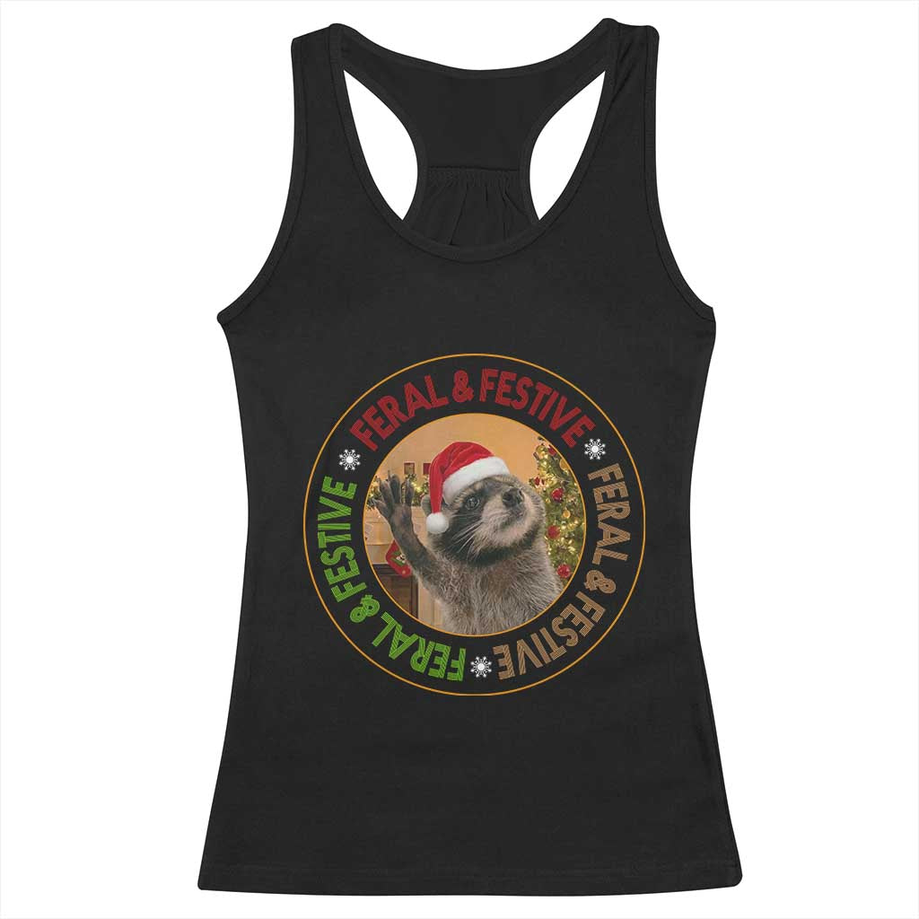 Funny Christmas Pedro The Racoon Racerback Tank Top Feral And Festive Xmas Santa Trash Panda - Wonder Print Shop