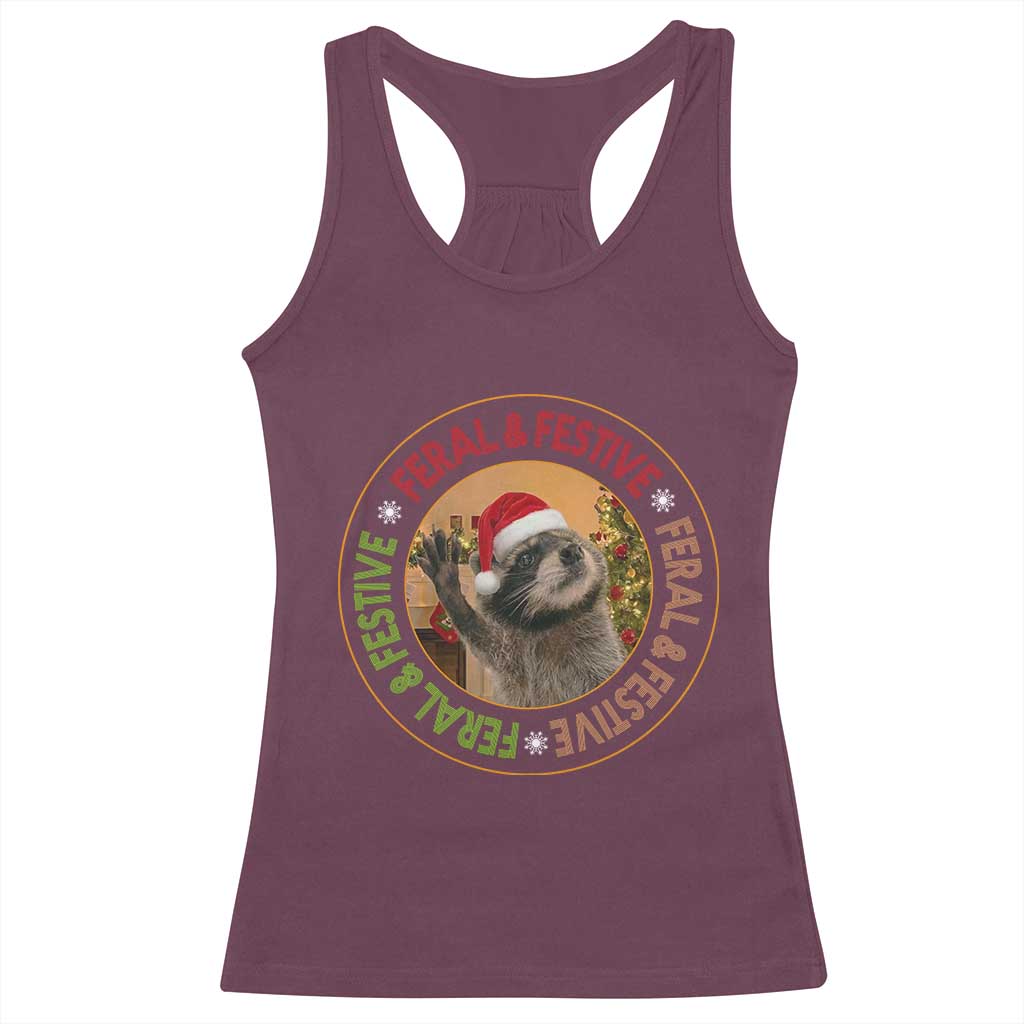 Funny Christmas Pedro The Racoon Racerback Tank Top Feral And Festive Xmas Santa Trash Panda - Wonder Print Shop